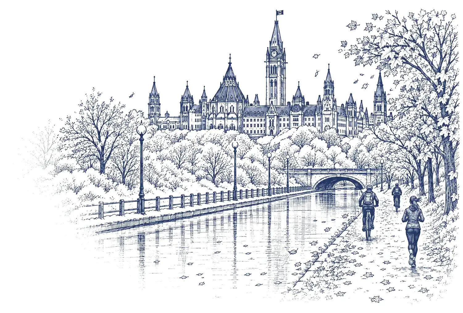 Ink drawing of Parliament Hill above the Rideau Canal in autumn, with a cyclist and a runner on the path