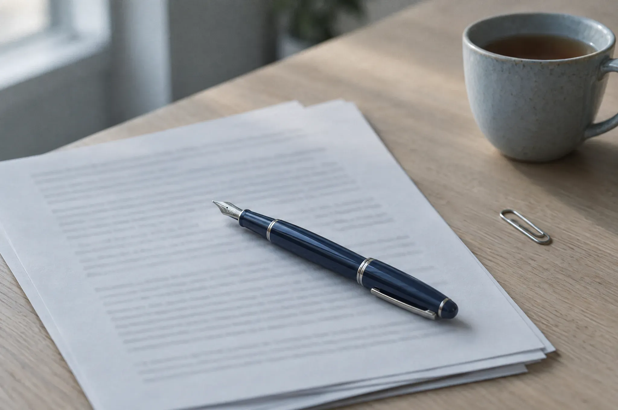 A dark blue fountain pen resting on a printed agreement beside a cup of tea.