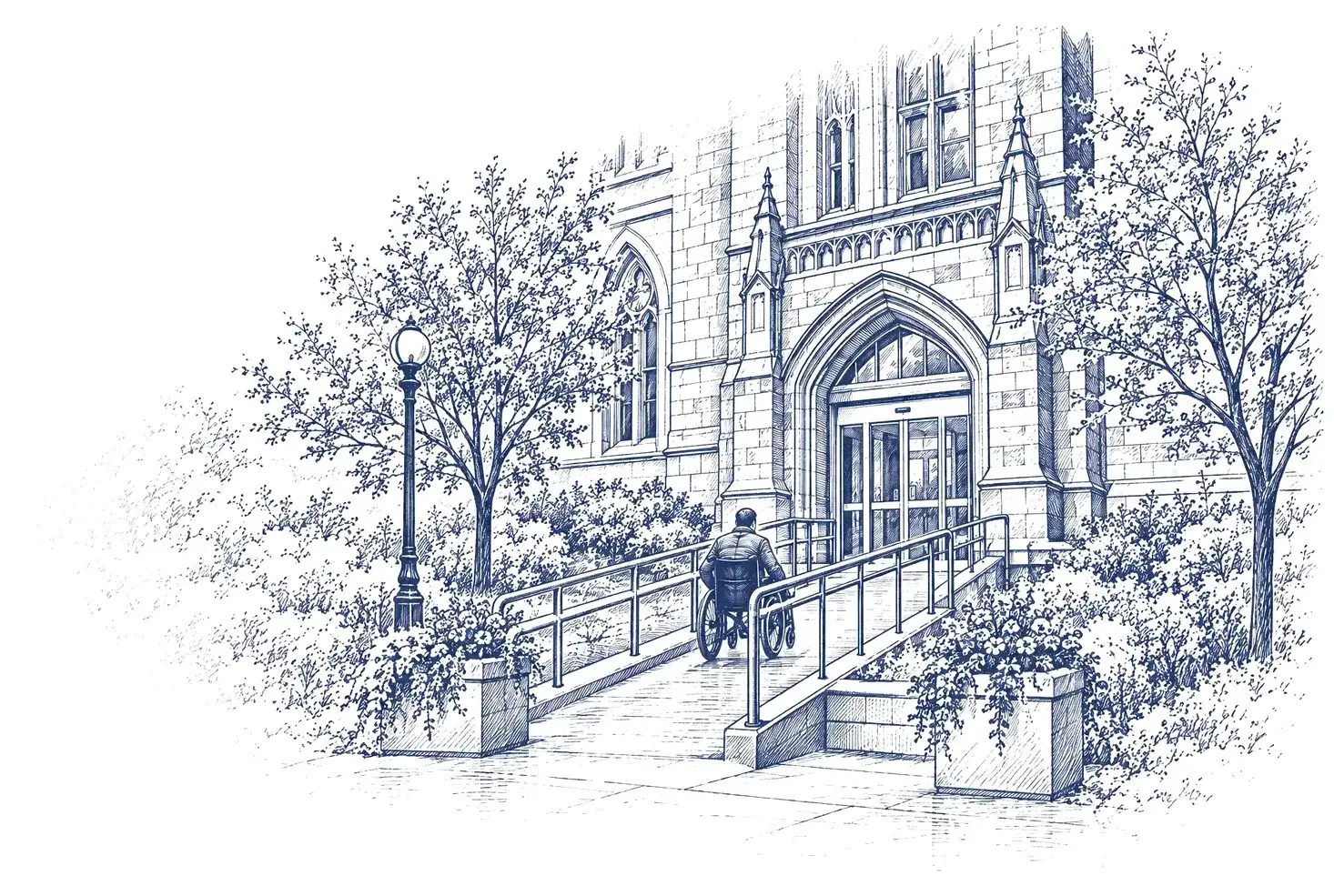 Ink drawing of a person in a wheelchair going up a ramp to the door of a stone building