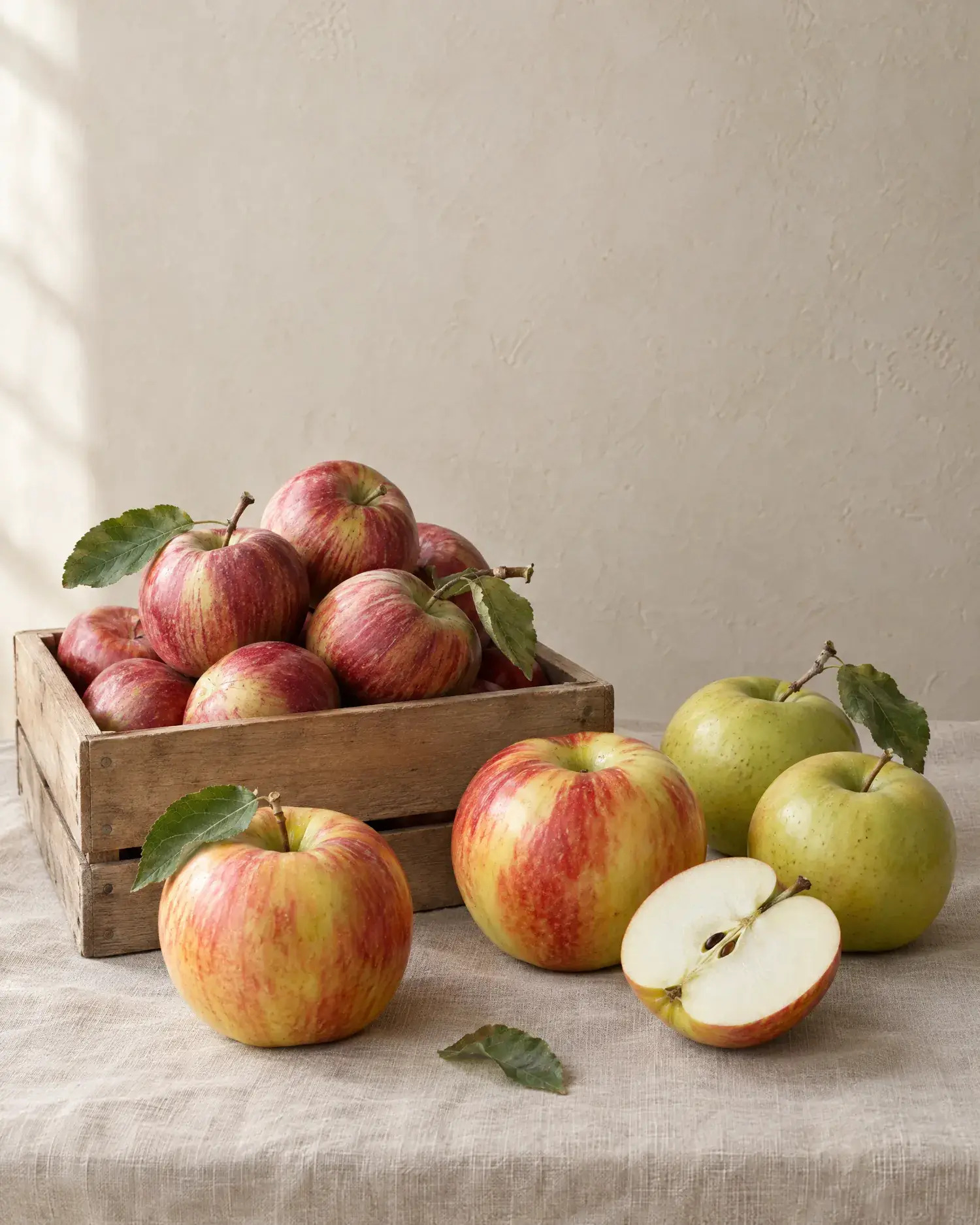 A wooden crate of red striped apples with Honeycrisp and green Cortland apples beside it, one cut in half.