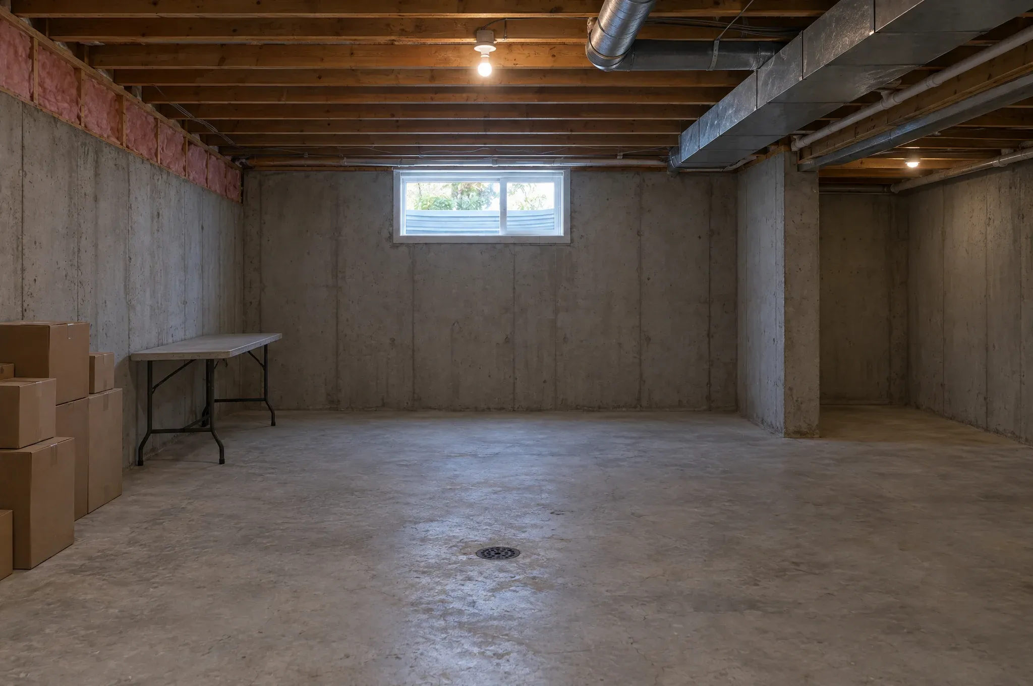 The Barrhaven basement before the work, with bare concrete walls, exposed joists and a single bulb.