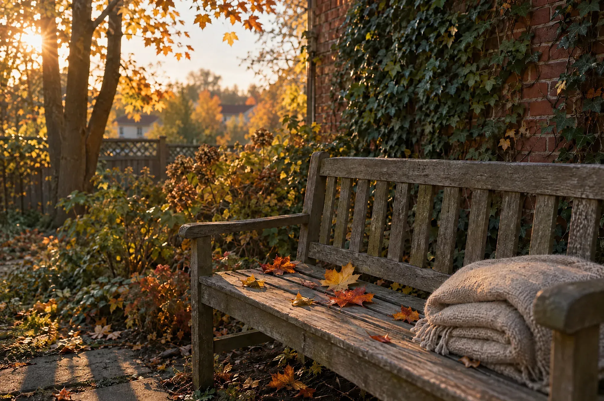 A weathered wooden garden bench in October, with fallen maple leaves on the seat and a folded wool blanket at one end.