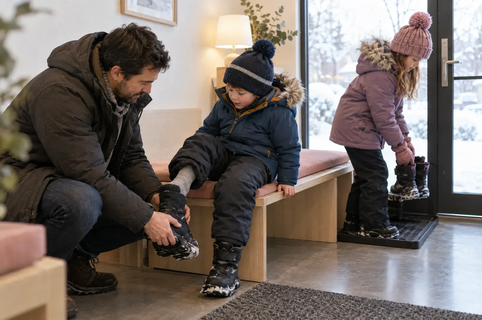A father helps his young son pull off a snow boot on an oak bench while his daughter sets her boots on a tray by the door.