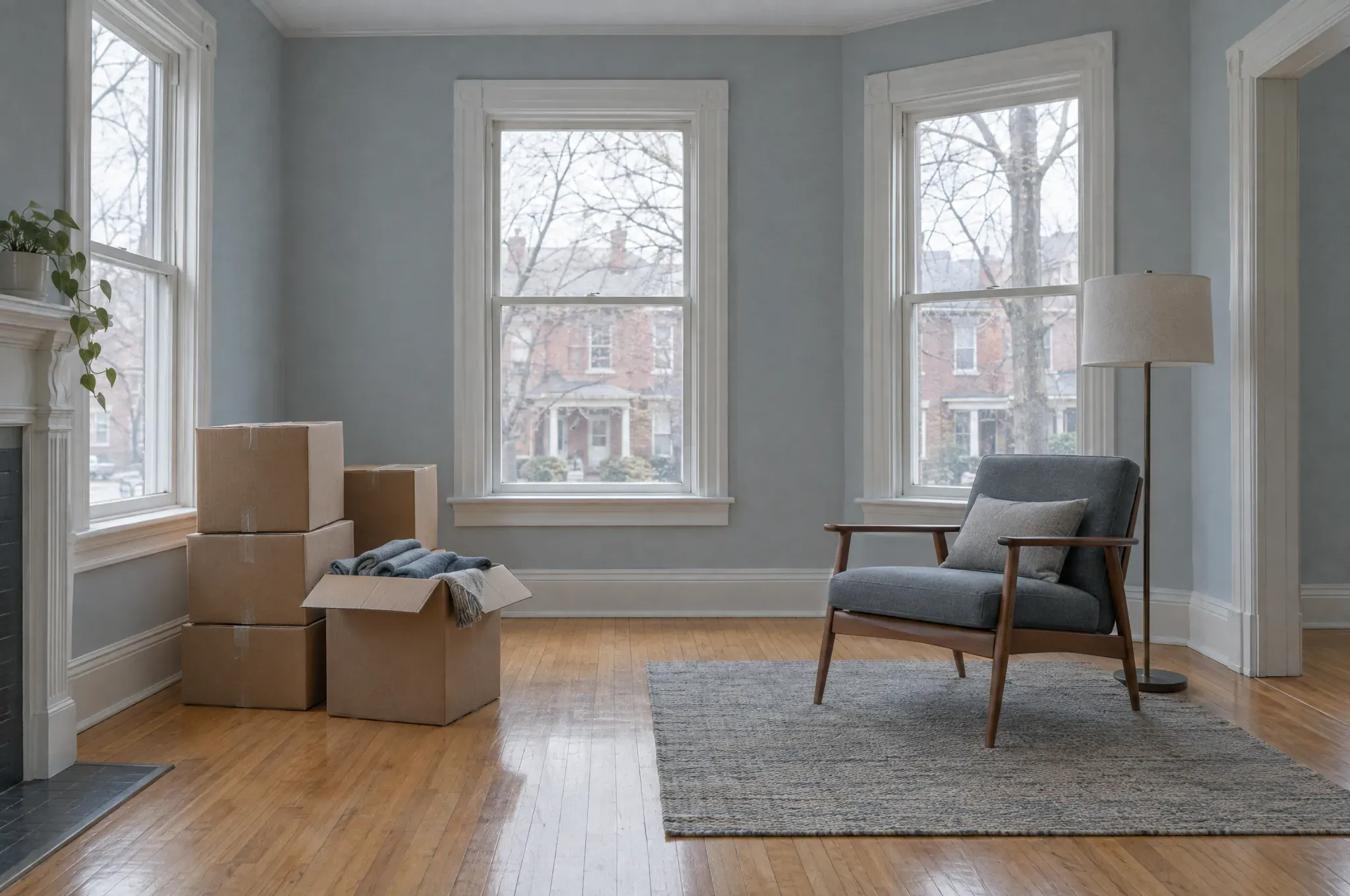 A bright living room with hardwood floors, a few taped moving boxes, an armchair and a floor lamp.