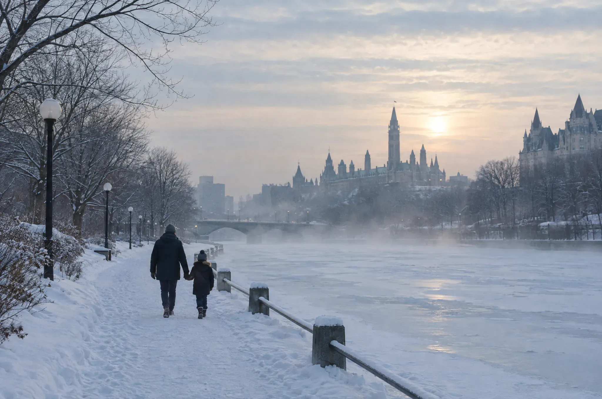A parent and a young child walk hand in hand along a snowy path beside the frozen Rideau Canal at dawn.