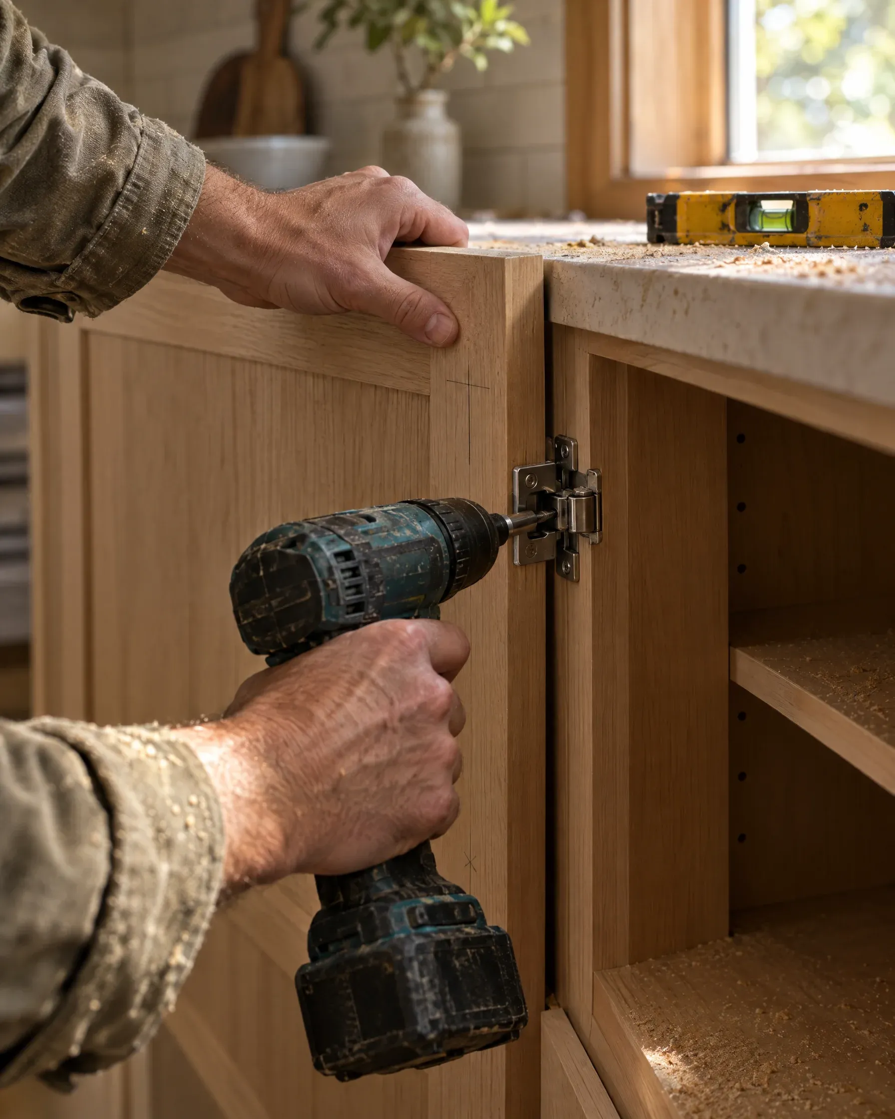 A carpenter fitting a hinge to a white oak cabinet door with a drill.