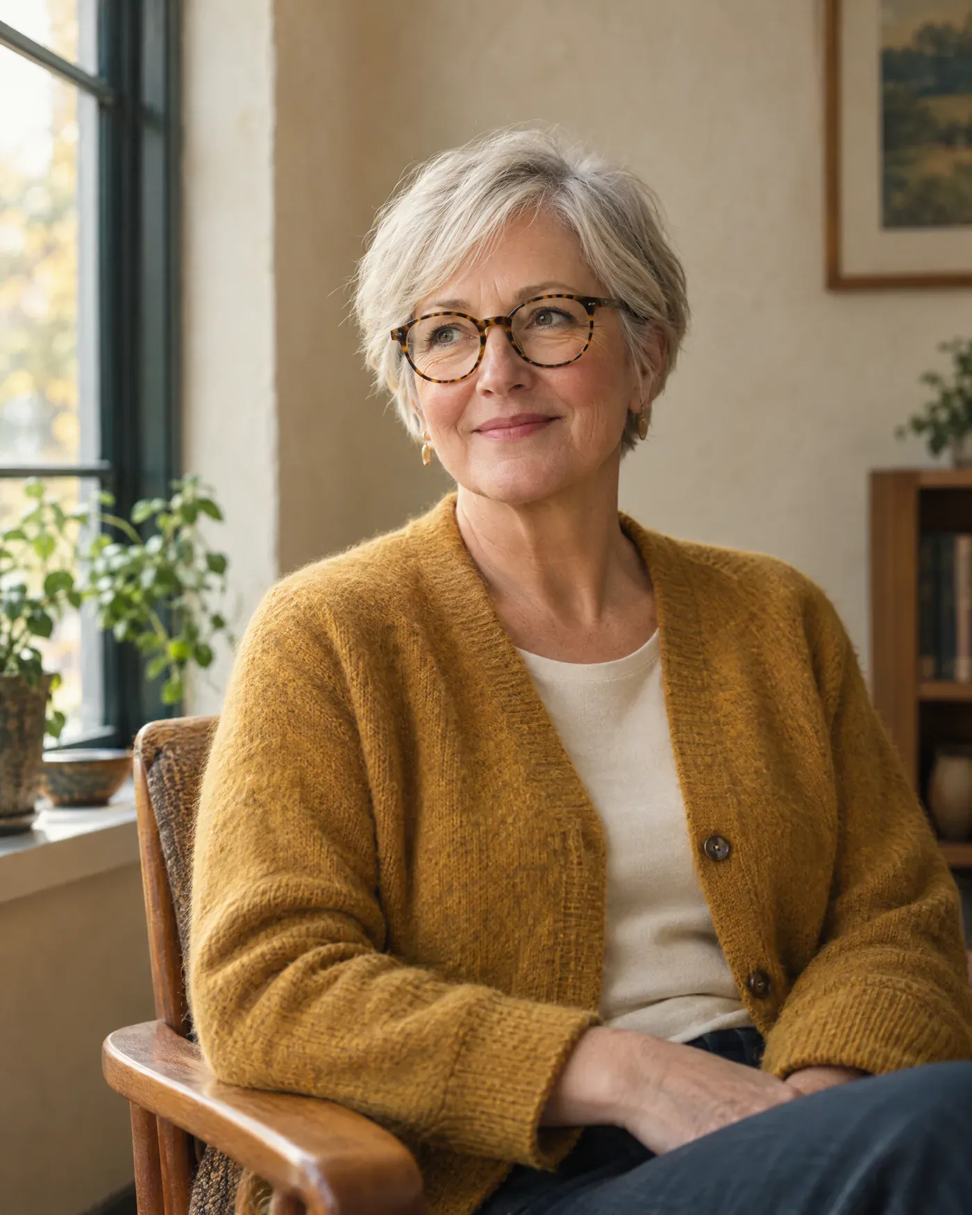 Célia Brassard, a therapist with short silver hair and round glasses, in a mustard cardigan, sitting by a window.