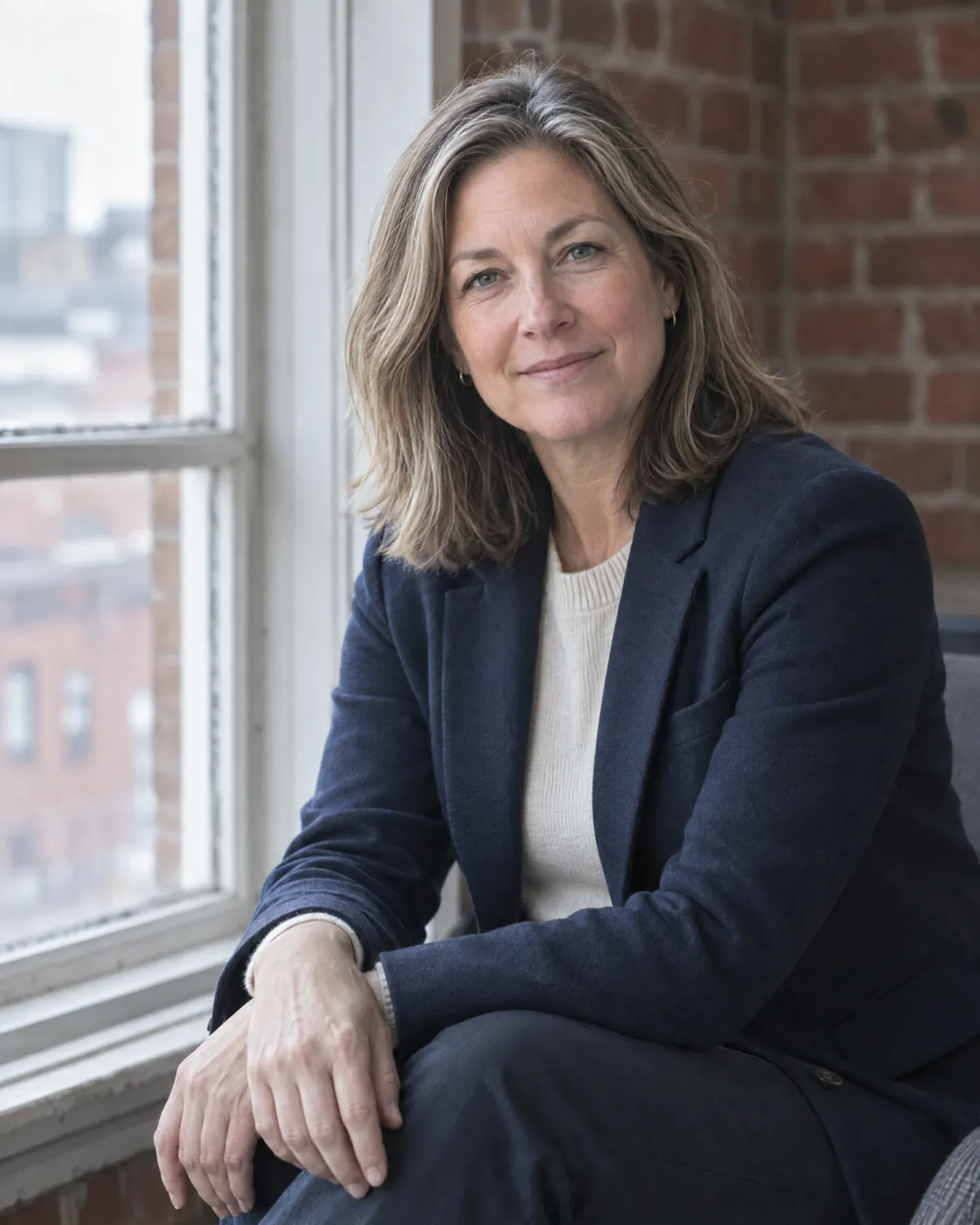 Claire Aubertin, a lawyer with shoulder-length greying blonde hair and a navy blazer, sitting by a window.