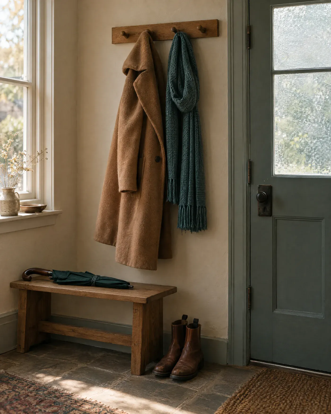 A camel wool coat and a teal scarf on a wooden peg rail by a front door, with a small bench and leather boots below.