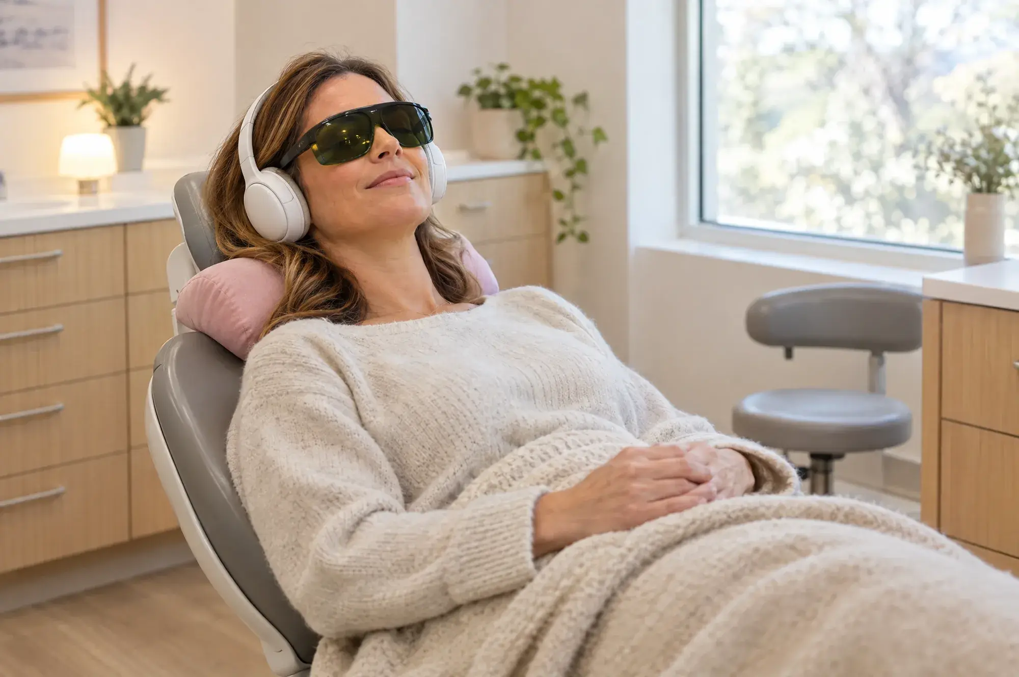 A woman leans back in the dental chair in tinted glasses and white headphones, her hands folded on a blanket.