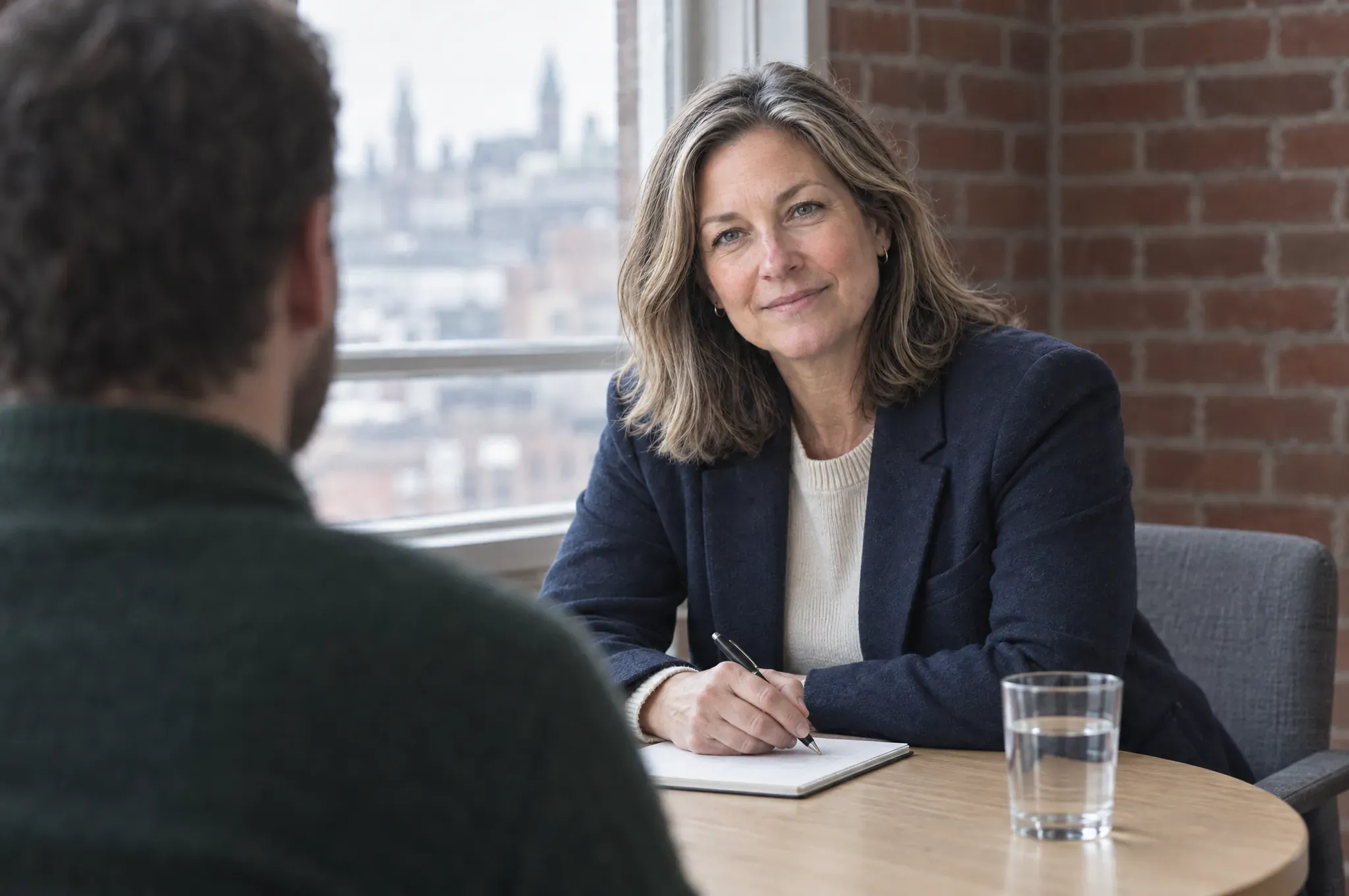 A lawyer in a navy blazer listens to a client across a round table, with a notepad and a glass of water between them.