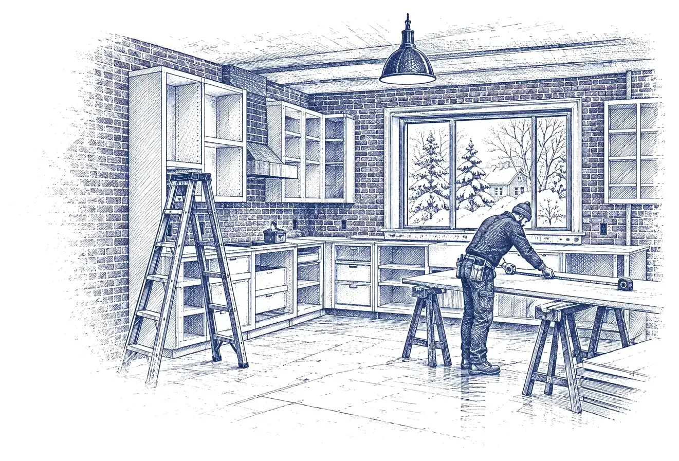 Ink drawing of a contractor fitting cabinets in a kitchen under renovation