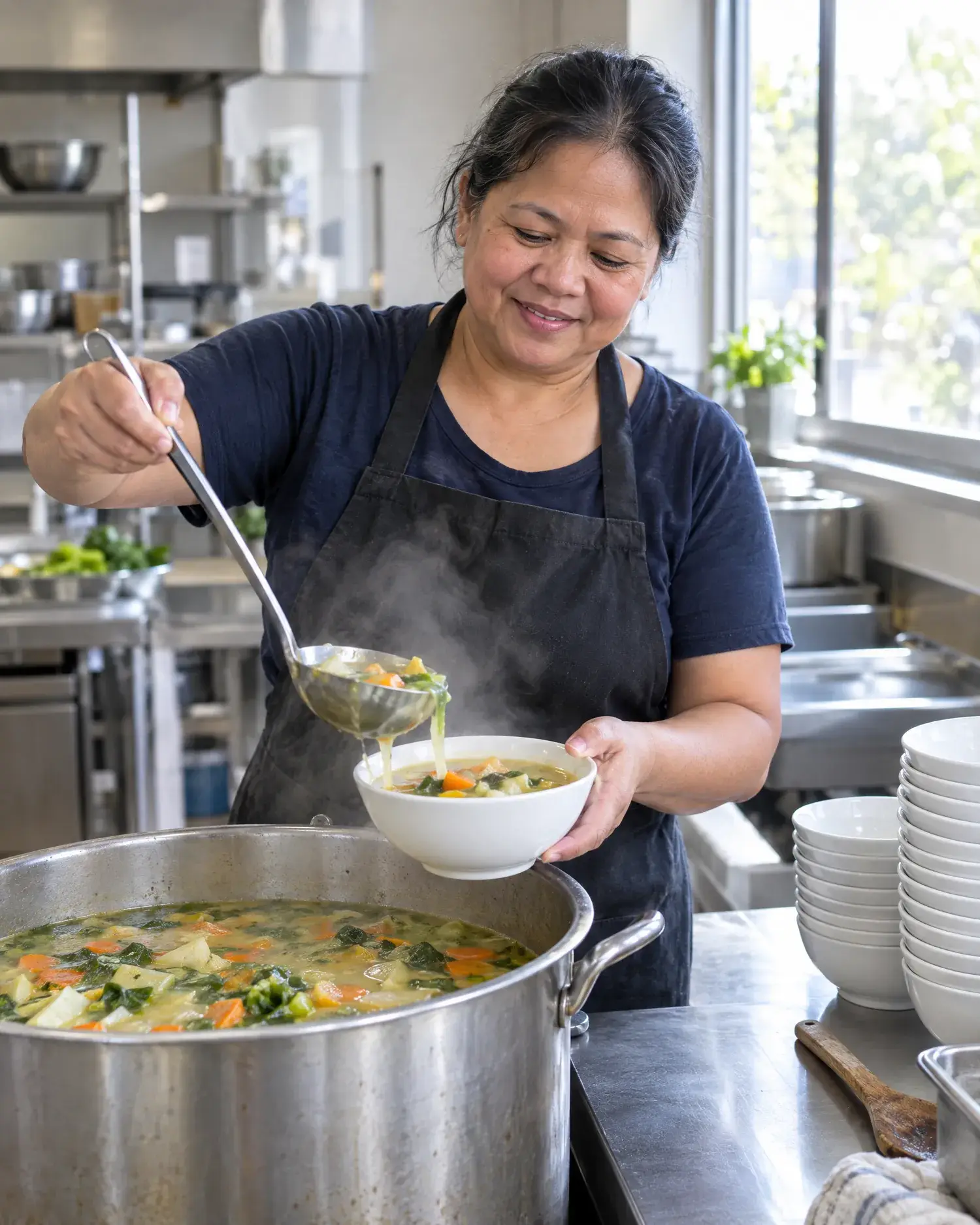 A volunteer cook ladles steaming vegetable soup from a large pot into a white bowl.