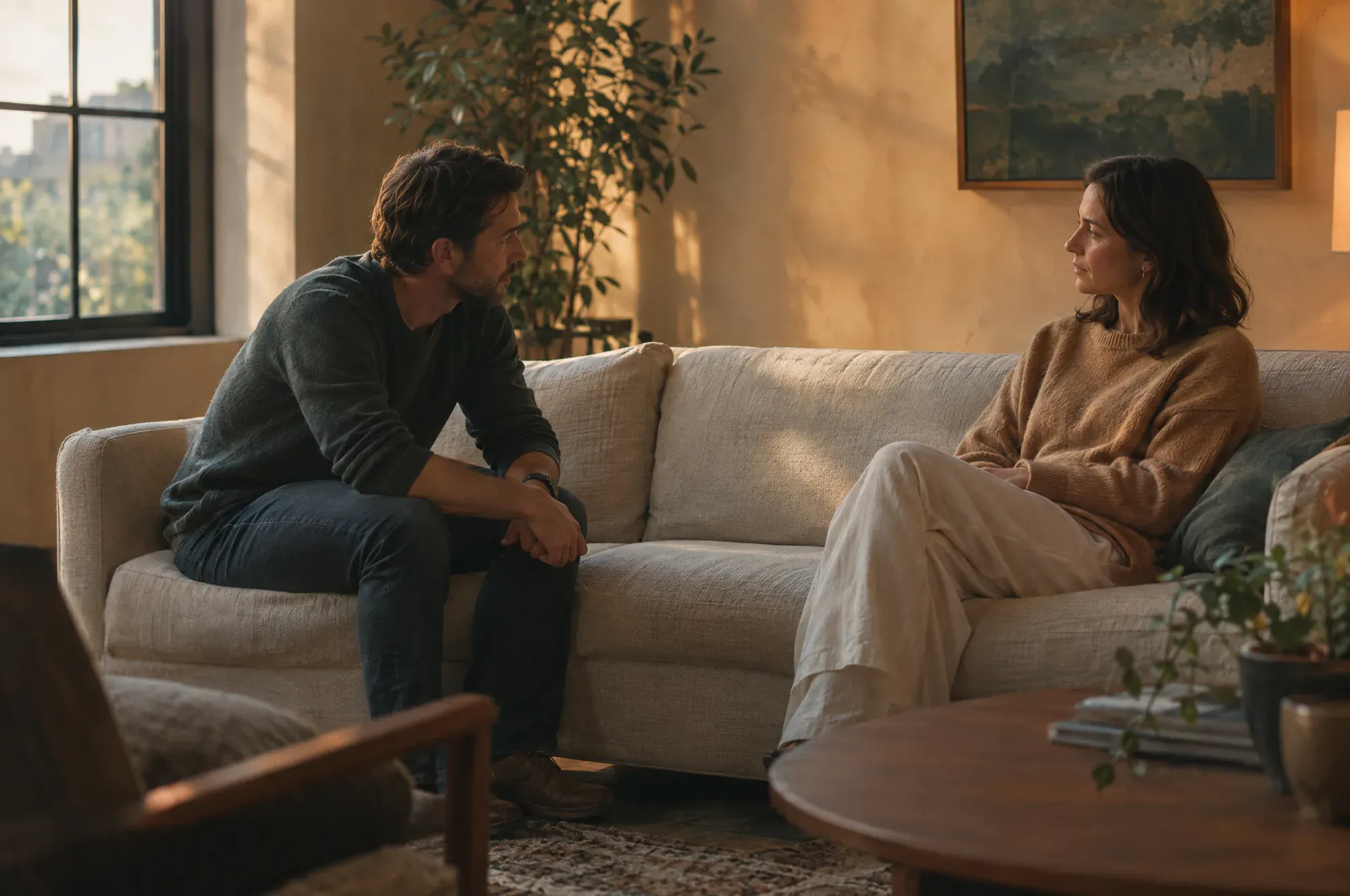 A couple sitting apart on a linen sofa in a warm room, the man leaning forward to listen and the woman looking toward him.