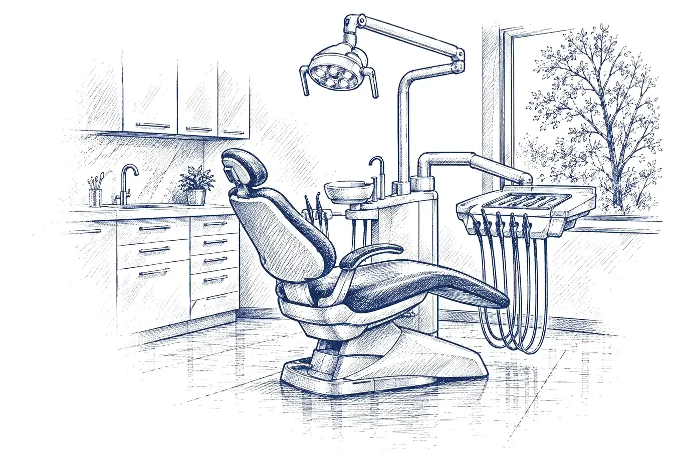 Ink drawing of a dental chair and lamp in a clinic treatment room