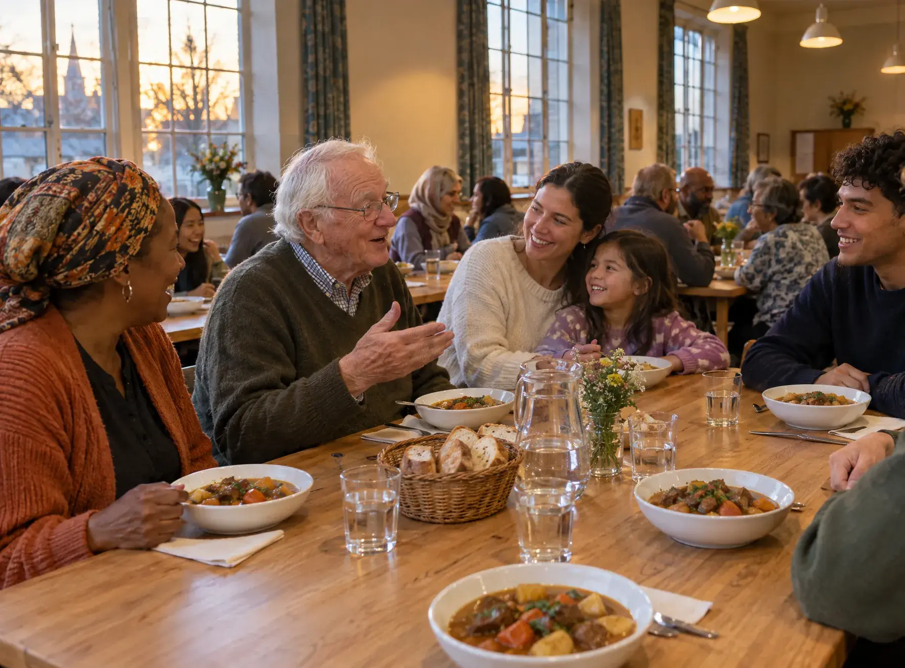 Neighbours of all ages share bowls of stew and bread at a long wooden table, talking and laughing.