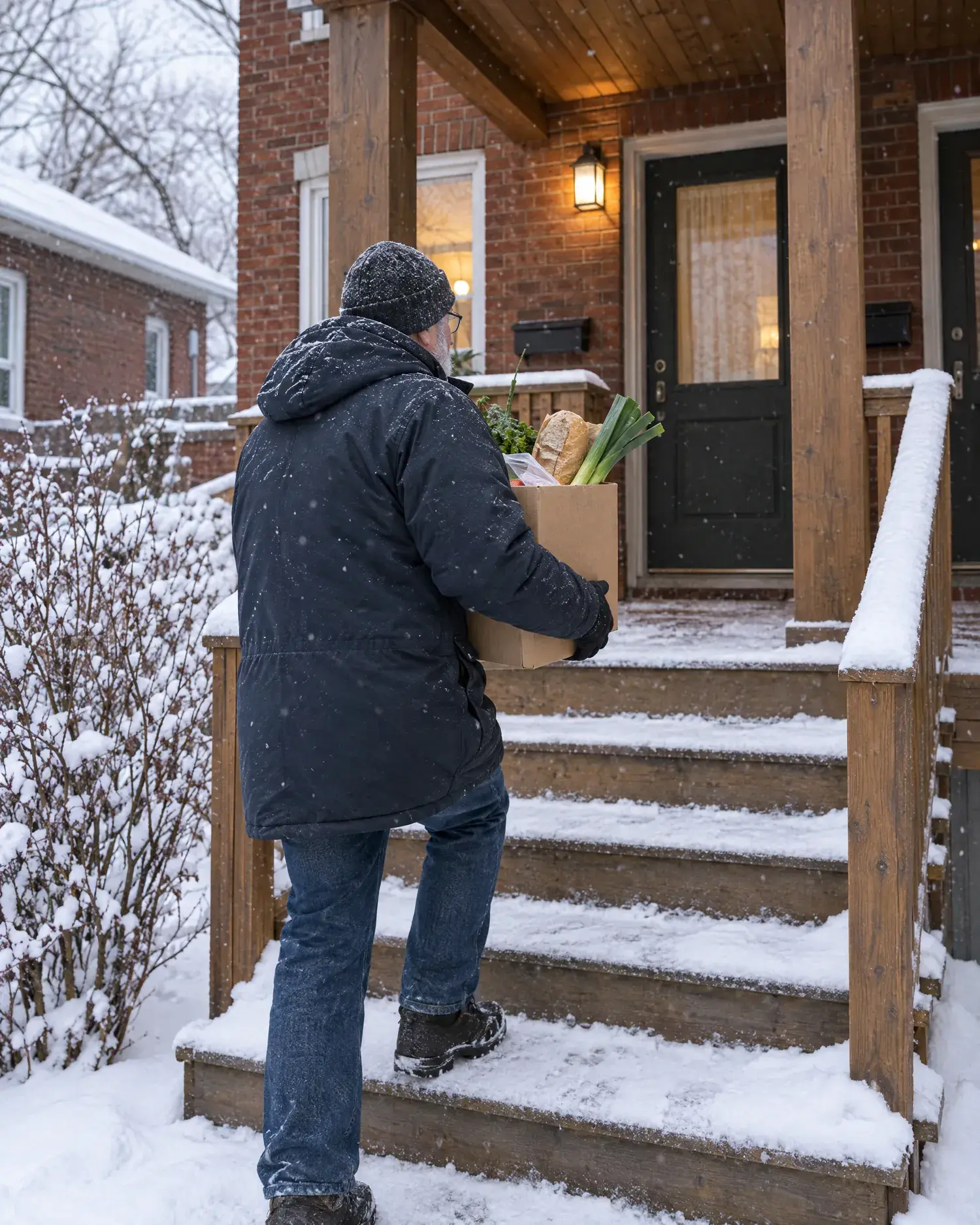 A volunteer driver in a parka carries a grocery box up the snowy front steps of a brick duplex.