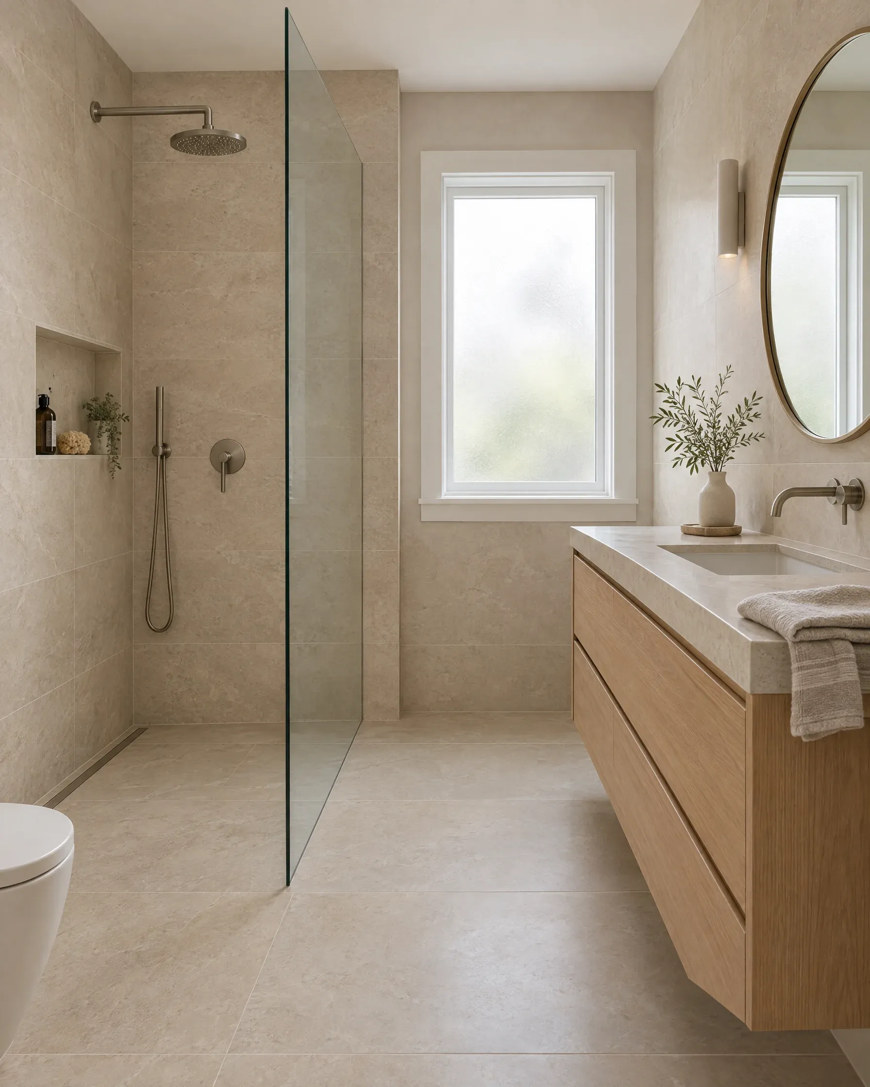 A calm ensuite with a curbless walk-in shower, large stone-look tile and a floating white oak vanity.