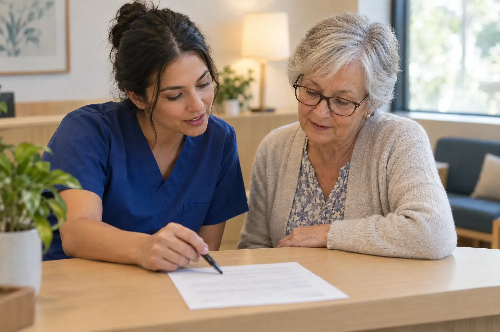 At the front desk, a receptionist in blue scrubs goes over a printed page with an older woman in a cardigan.