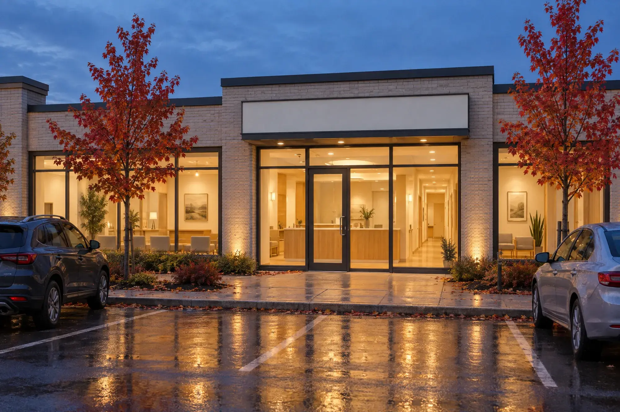 A single-storey clinic of pale brick in a small plaza at dusk. Warm light fills the tall windows and red maples stand by the level entrance.