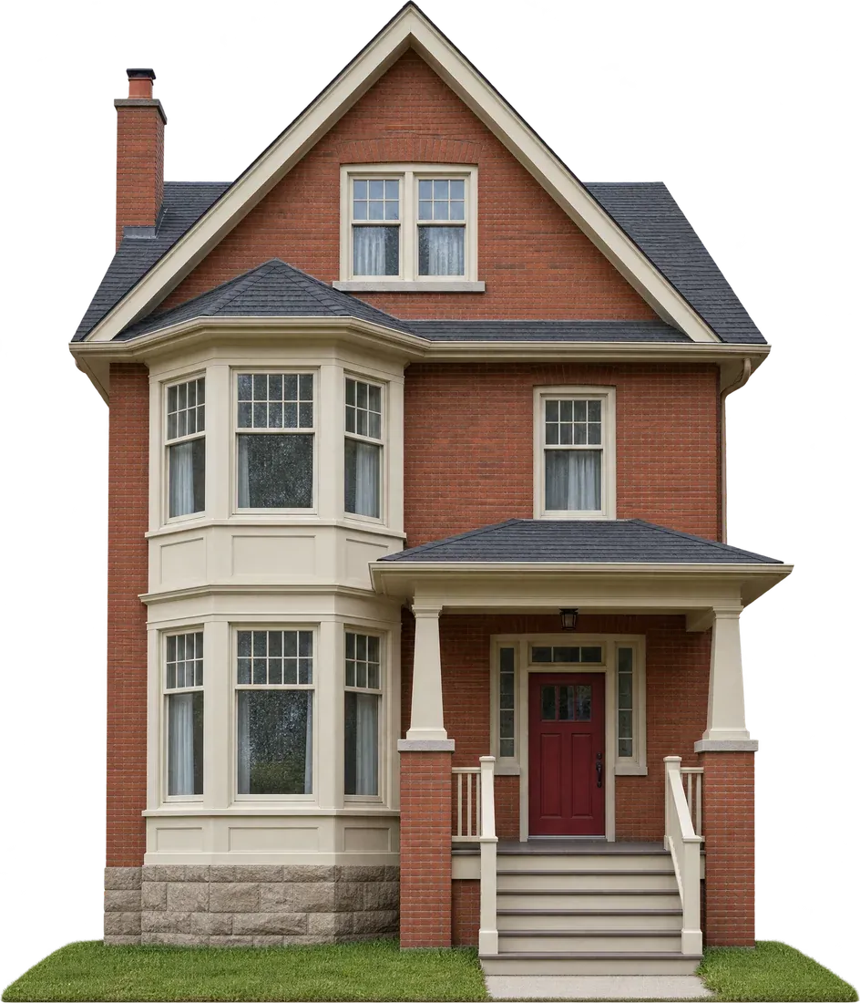 A red brick house with a steep front gable, a two-storey bay window and a cream porch.