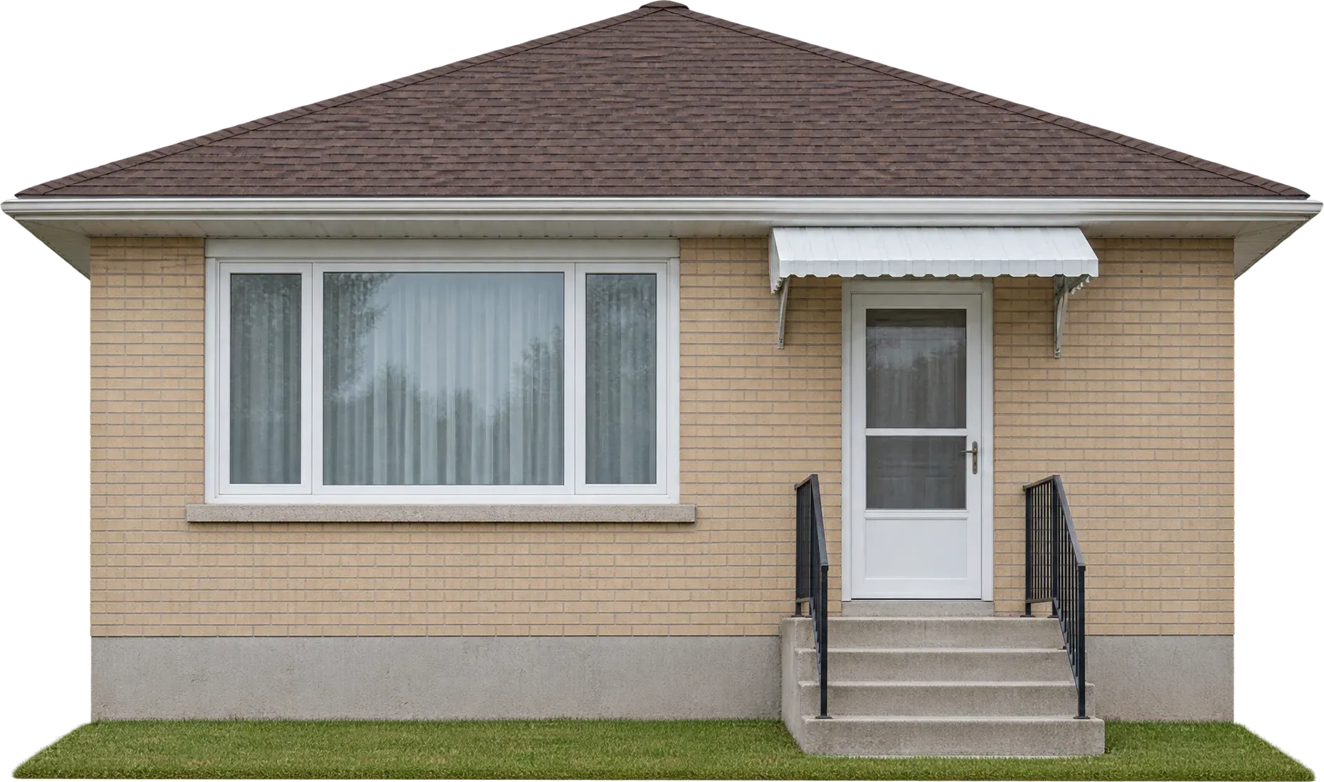 A one-storey buff brick bungalow with a low hipped roof, a wide picture window and a small awning over the door.