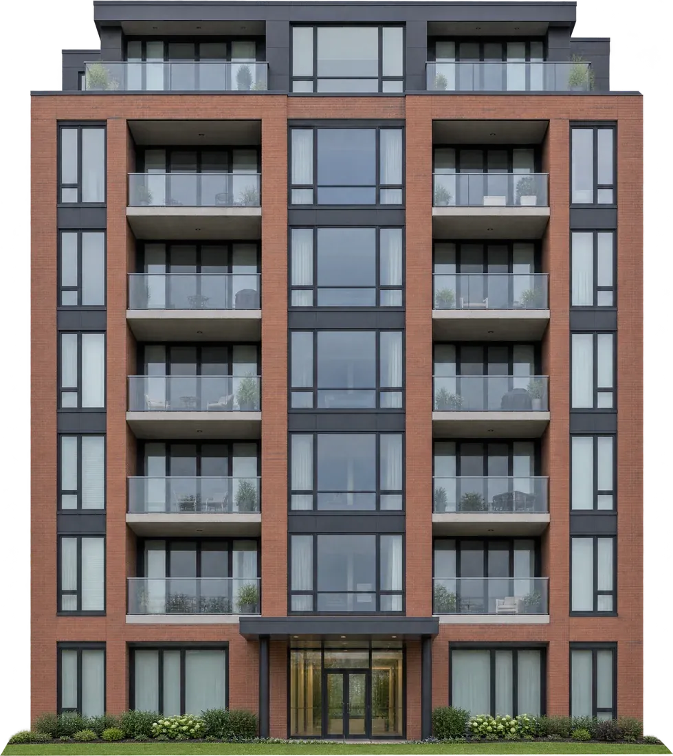 A six-storey brick condo building with black-framed windows and glass balconies.