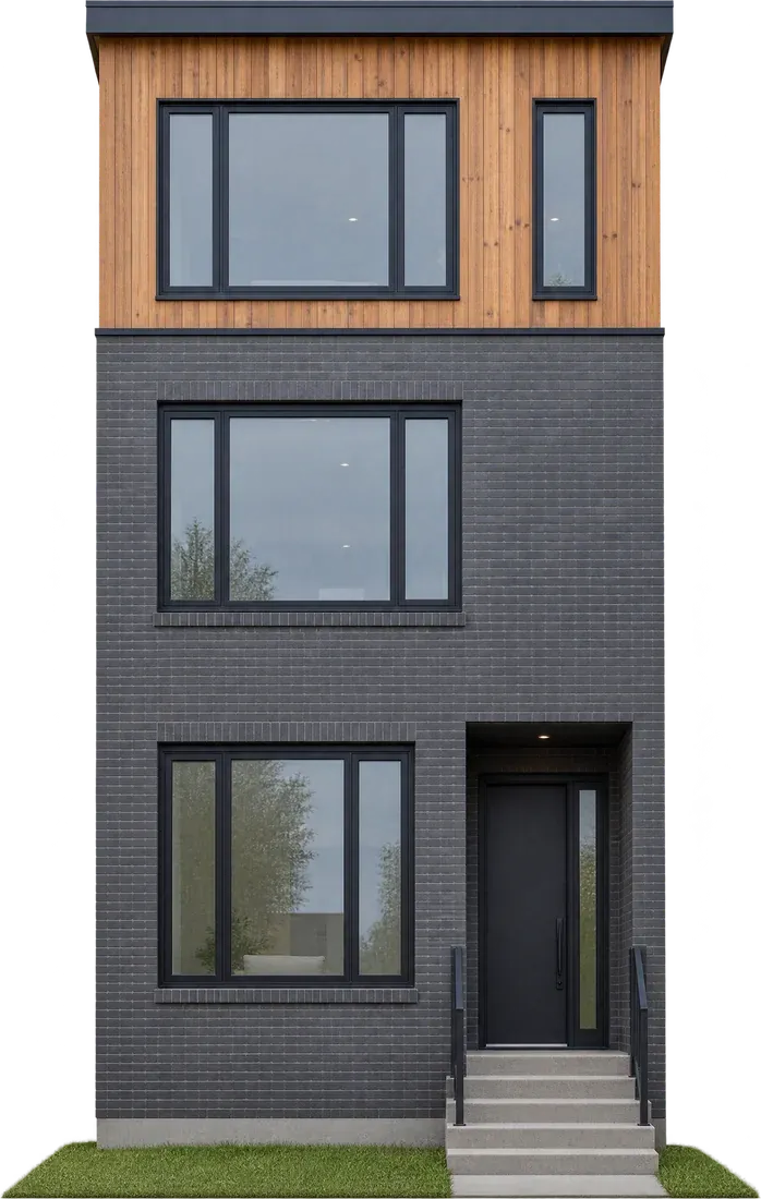 A narrow three-storey infill house in charcoal brick with cedar siding on the top floor.
