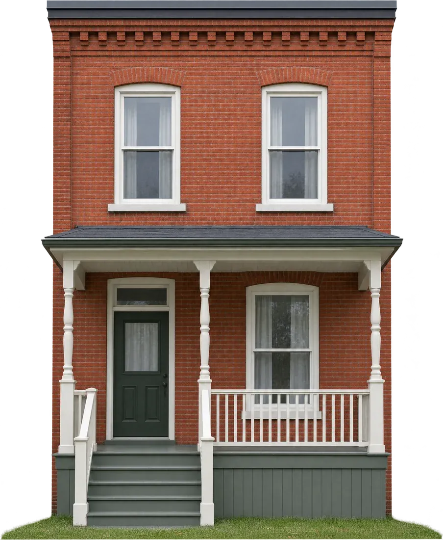 A narrow two-storey red brick semi with a white wooden porch, turned posts and a dark green door.