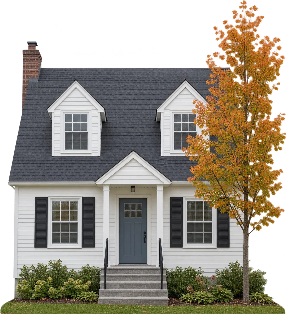 A white clapboard storey-and-a-half house with two dormers, black shutters and a young maple turning orange beside it.