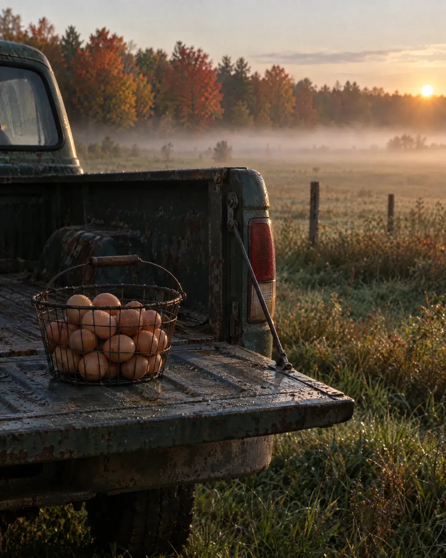 A wire basket of brown eggs on the tailgate of an old pickup truck, with a misty field and autumn trees behind it at sunrise.