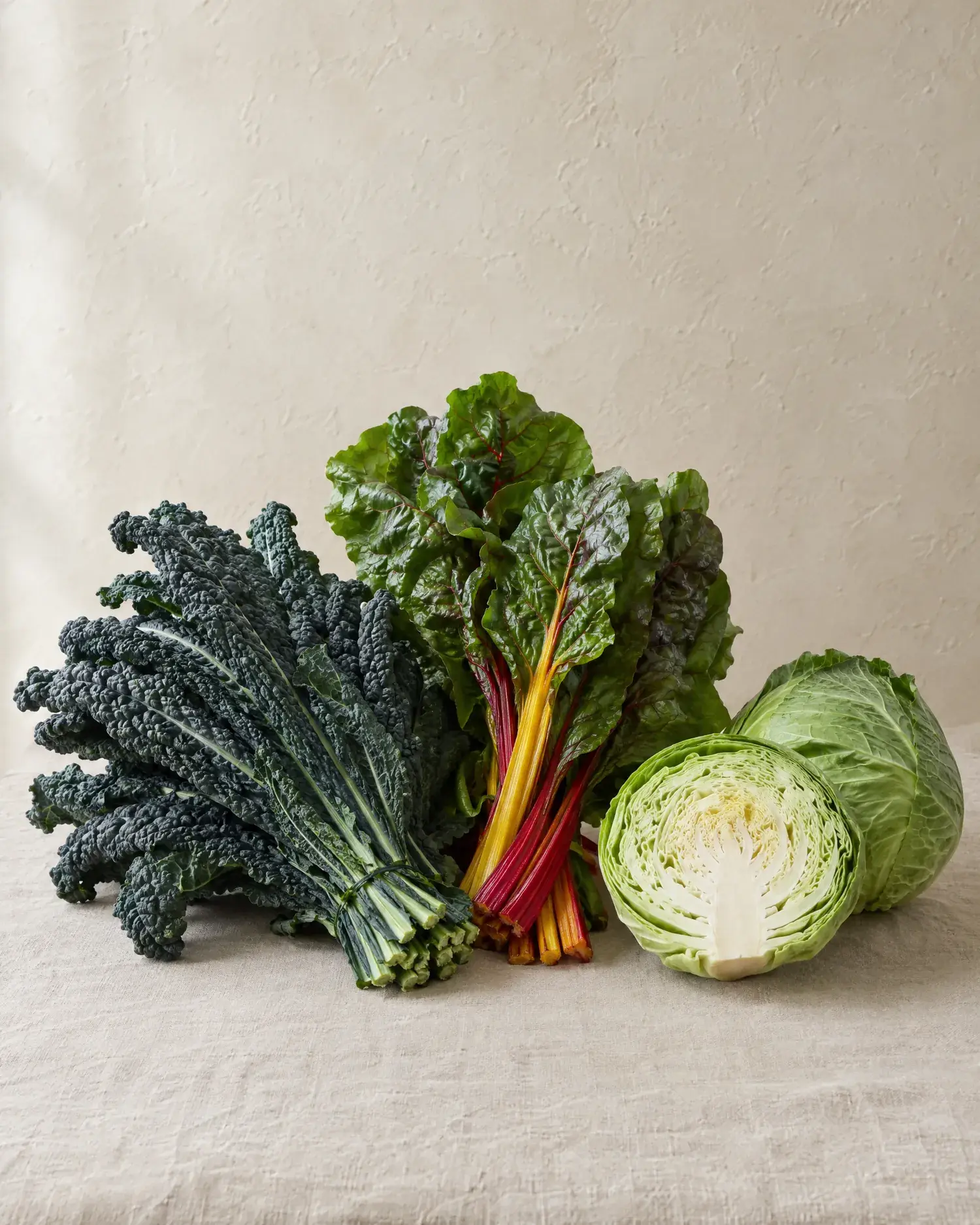 A bunch of dark lacinato kale, rainbow chard with red and yellow stems and a green cabbage cut in half.