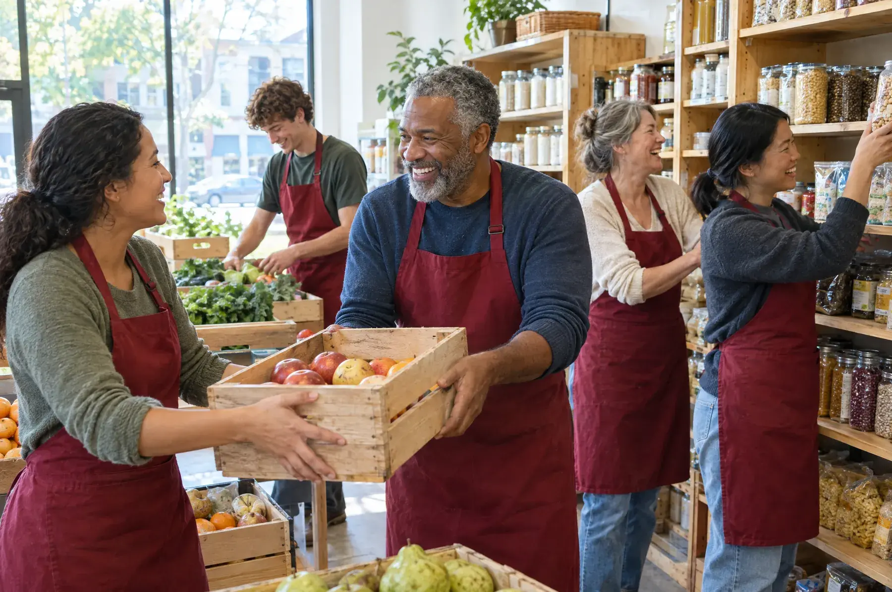 Five volunteers in beet red aprons stock pantry shelves and pass a crate of apples, laughing together.