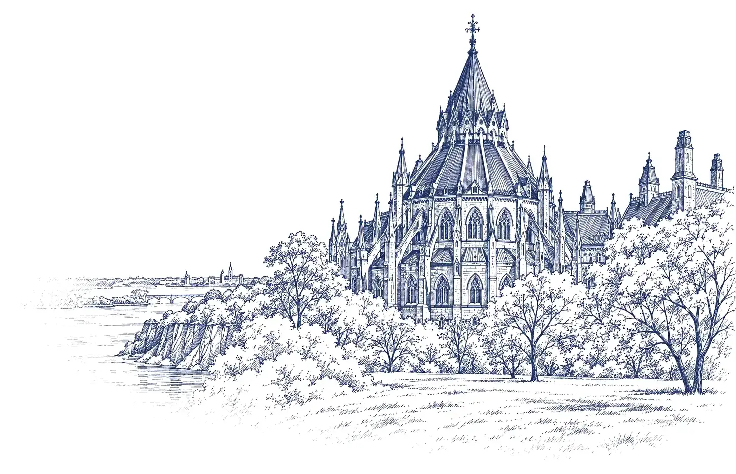 Ink drawing of the Library of Parliament above the Ottawa River