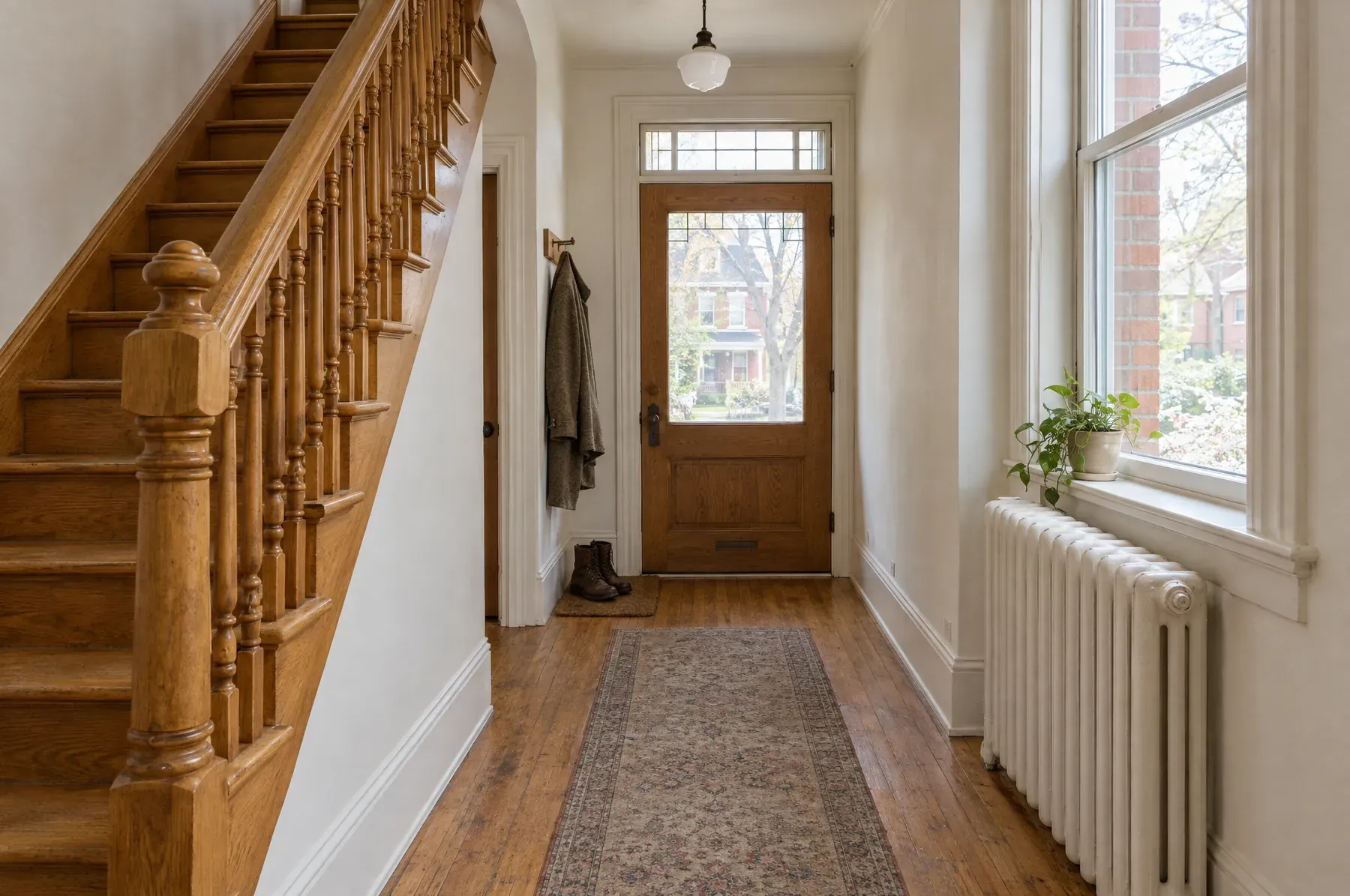 The front hall of a brick semi, with an oak staircase, a white radiator under a tall window and a runner on the oak floor.