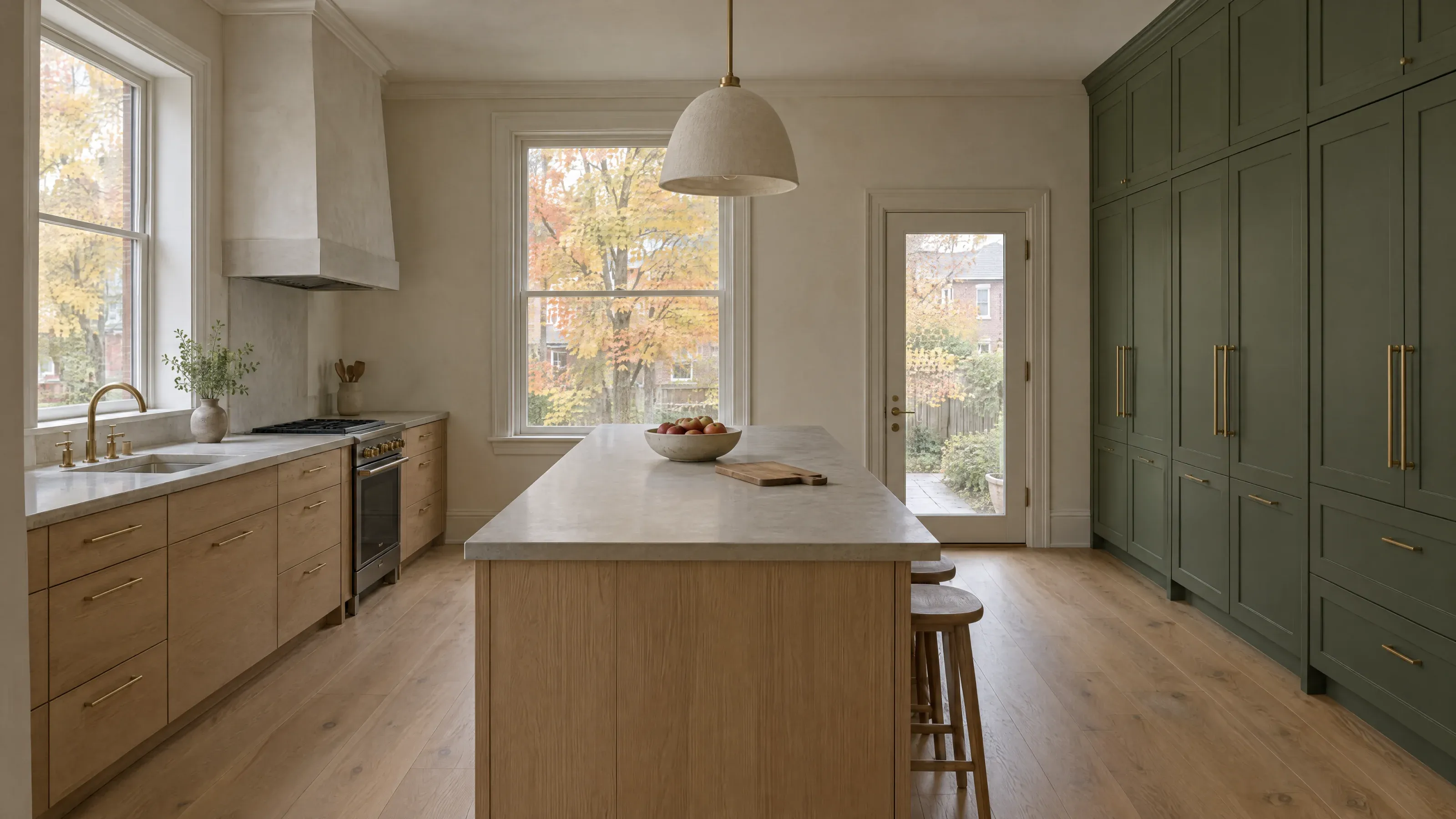 A renovated kitchen in a 1920s brick house, with a white oak island, a limestone counter and a wall of deep green cabinets.