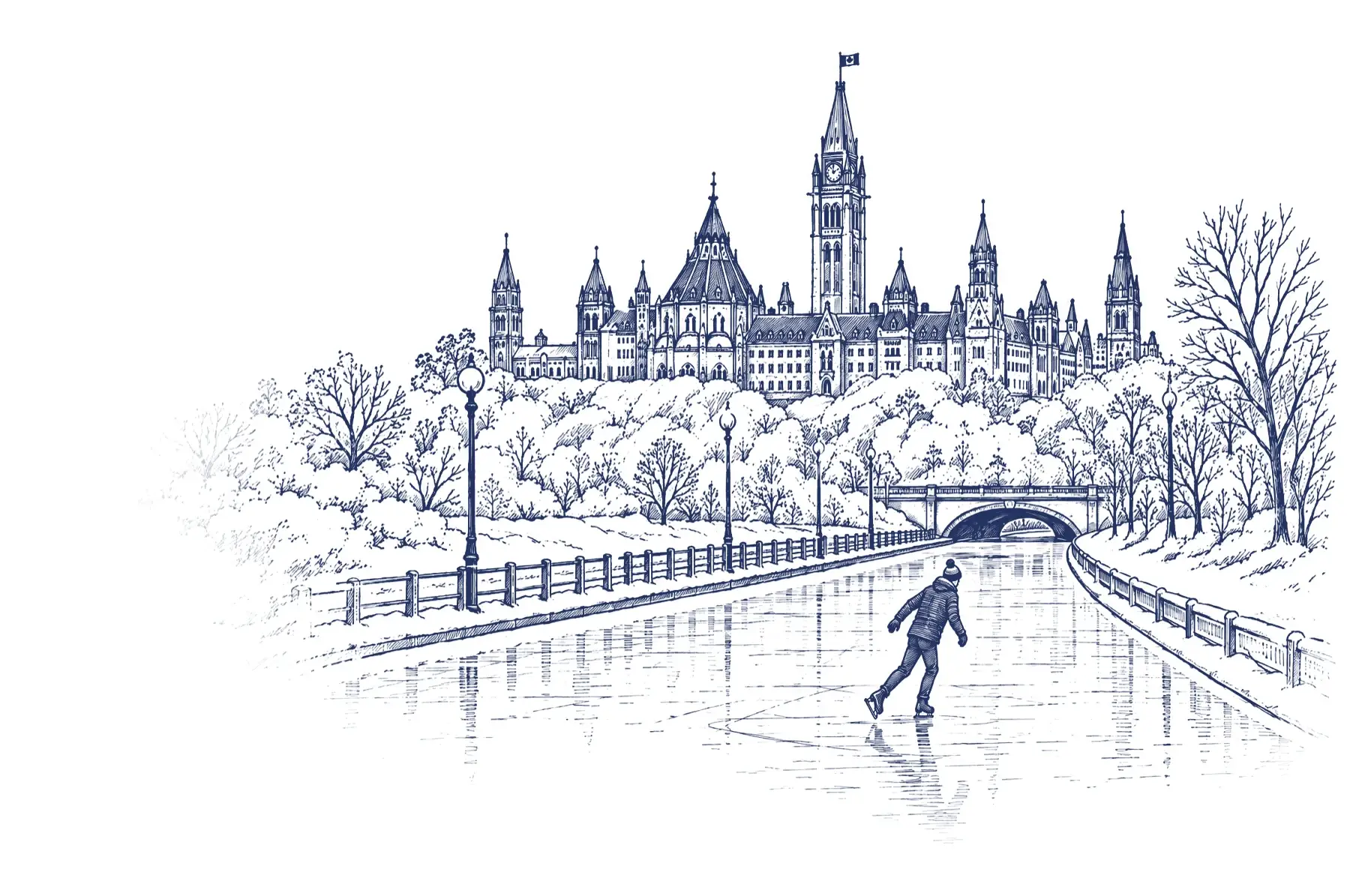 Pen drawing of Parliament Hill and the Peace Tower, with a skater on the frozen Rideau Canal