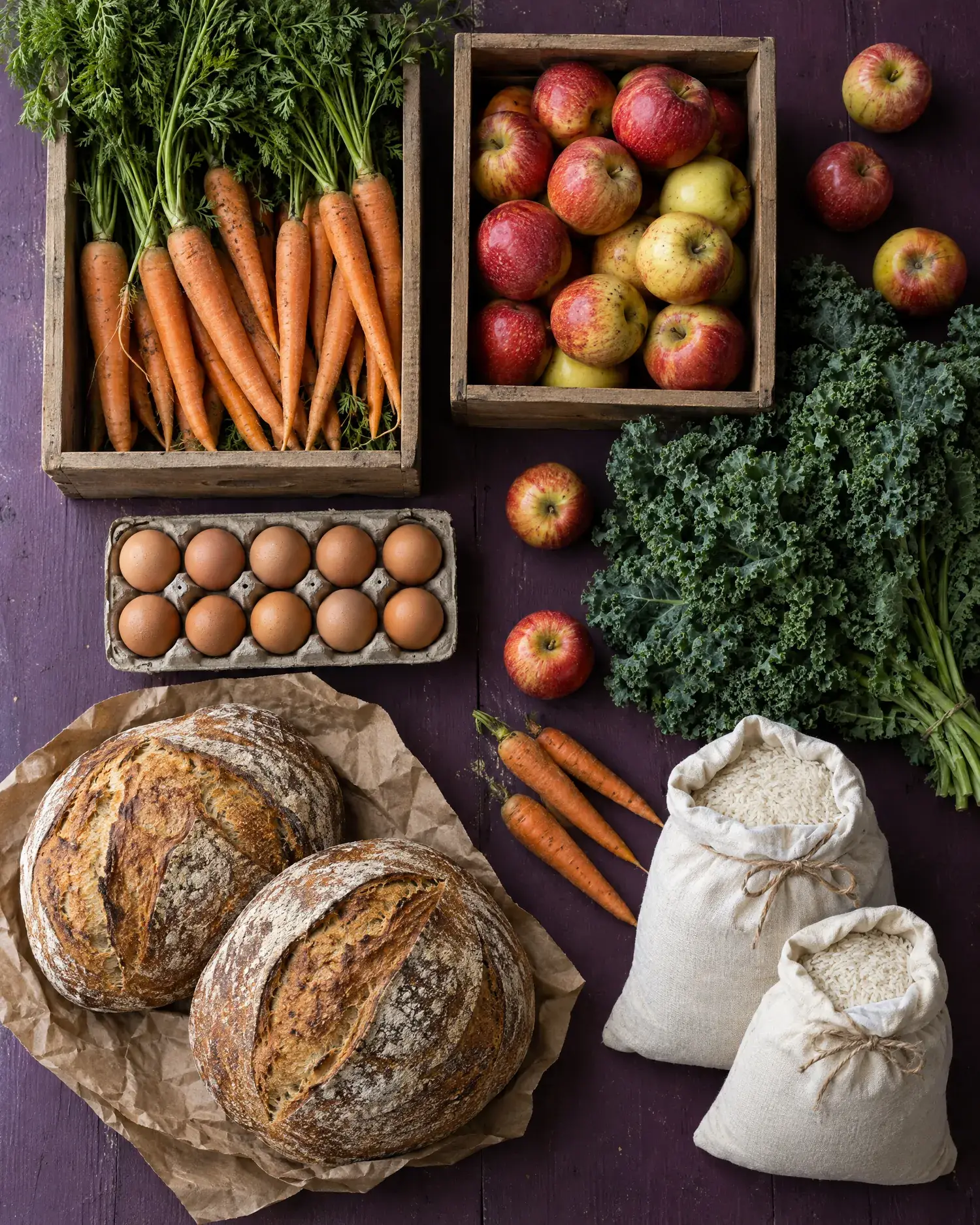 Crates of carrots and apples, curly kale, brown eggs, two sourdough loaves and cotton sacks of rice on a plum board.