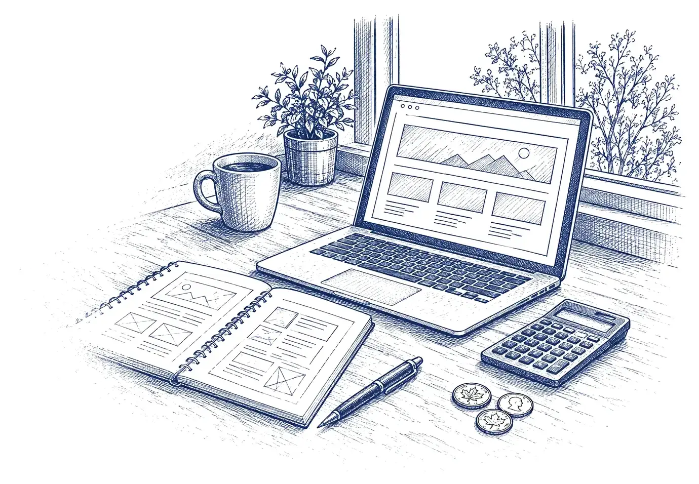 Ink drawing of a desk with a laptop, a notebook of page sketches, a calculator and Canadian coins