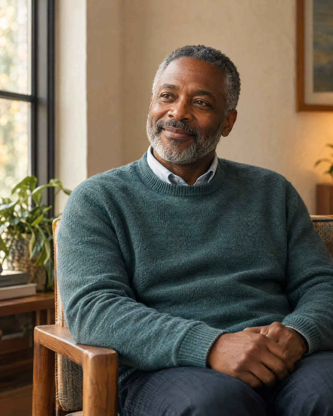 Idris Okonkwo-Bell, a therapist with short greying hair and a grey beard, in a teal sweater, sitting by a window.