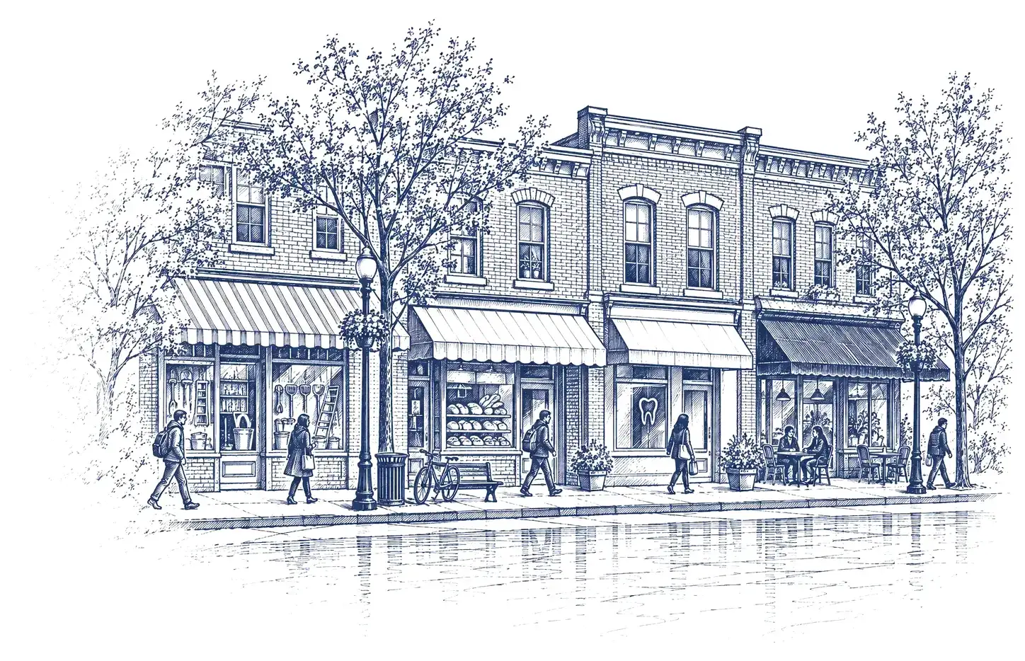 Ink drawing of an Ottawa main street with shops under striped awnings