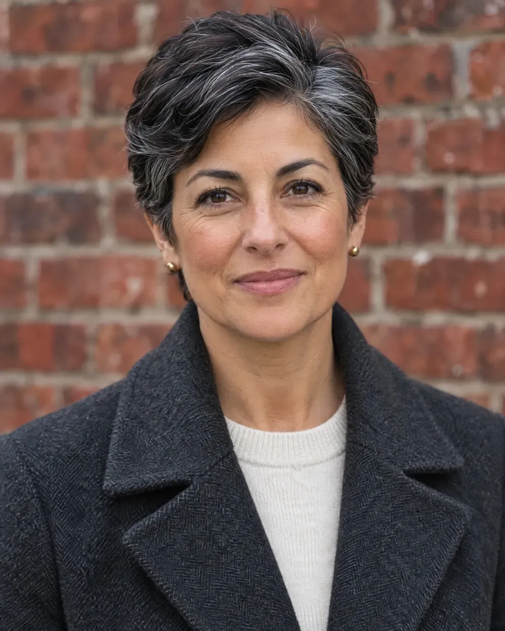 Ines Varga, a woman with short dark hair streaked with grey, in a charcoal wool coat, against a brick wall.