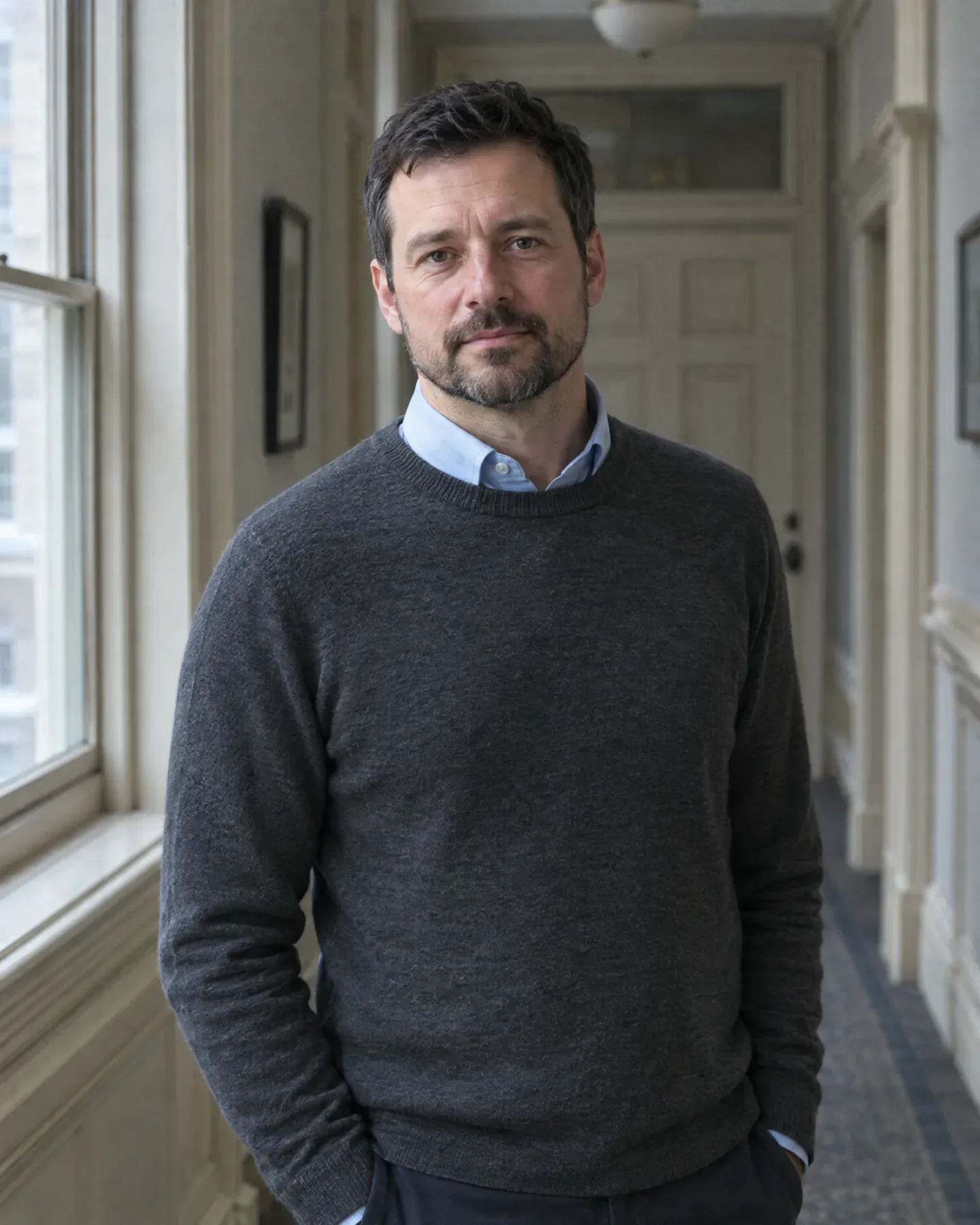 Jonah Whitlock, a lawyer with short dark hair and a beard, wearing a grey sweater, standing in a panelled hallway.