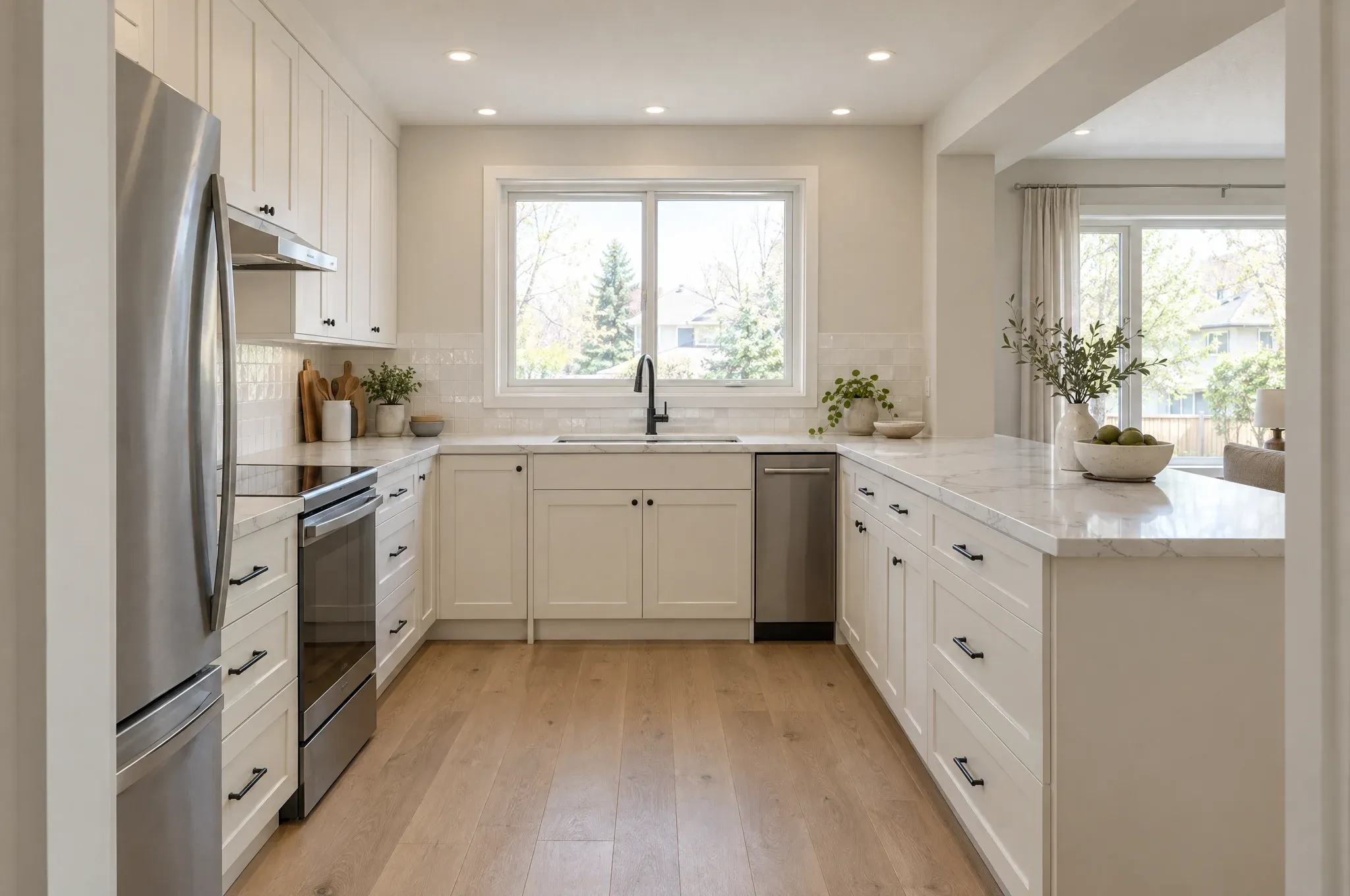 The same Kanata kitchen after the renovation, with warm white cabinets, a quartz counter and light oak floors.