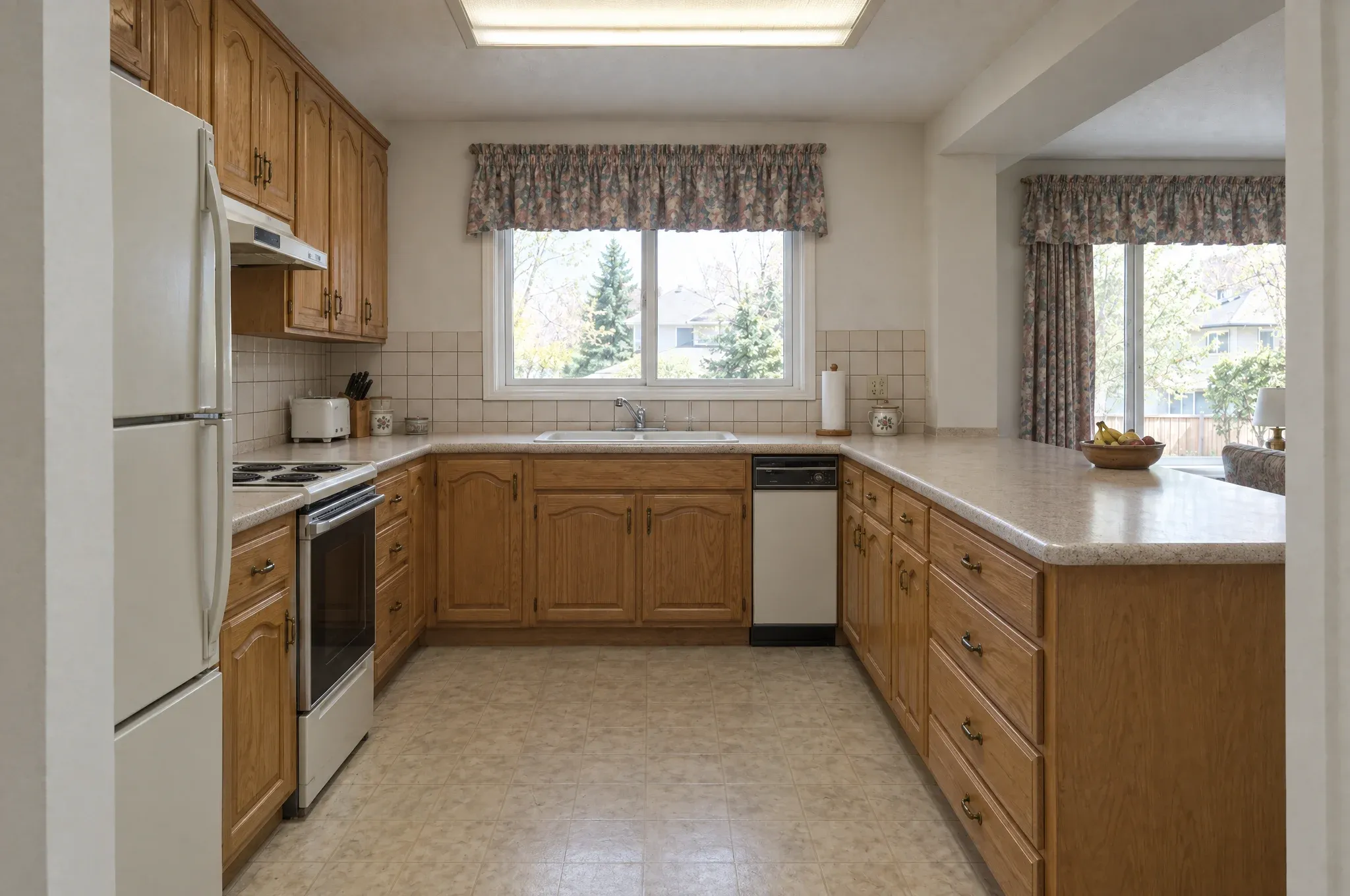 The Kanata kitchen before the renovation, with honey oak cabinets, a laminate counter and a fluorescent ceiling light.
