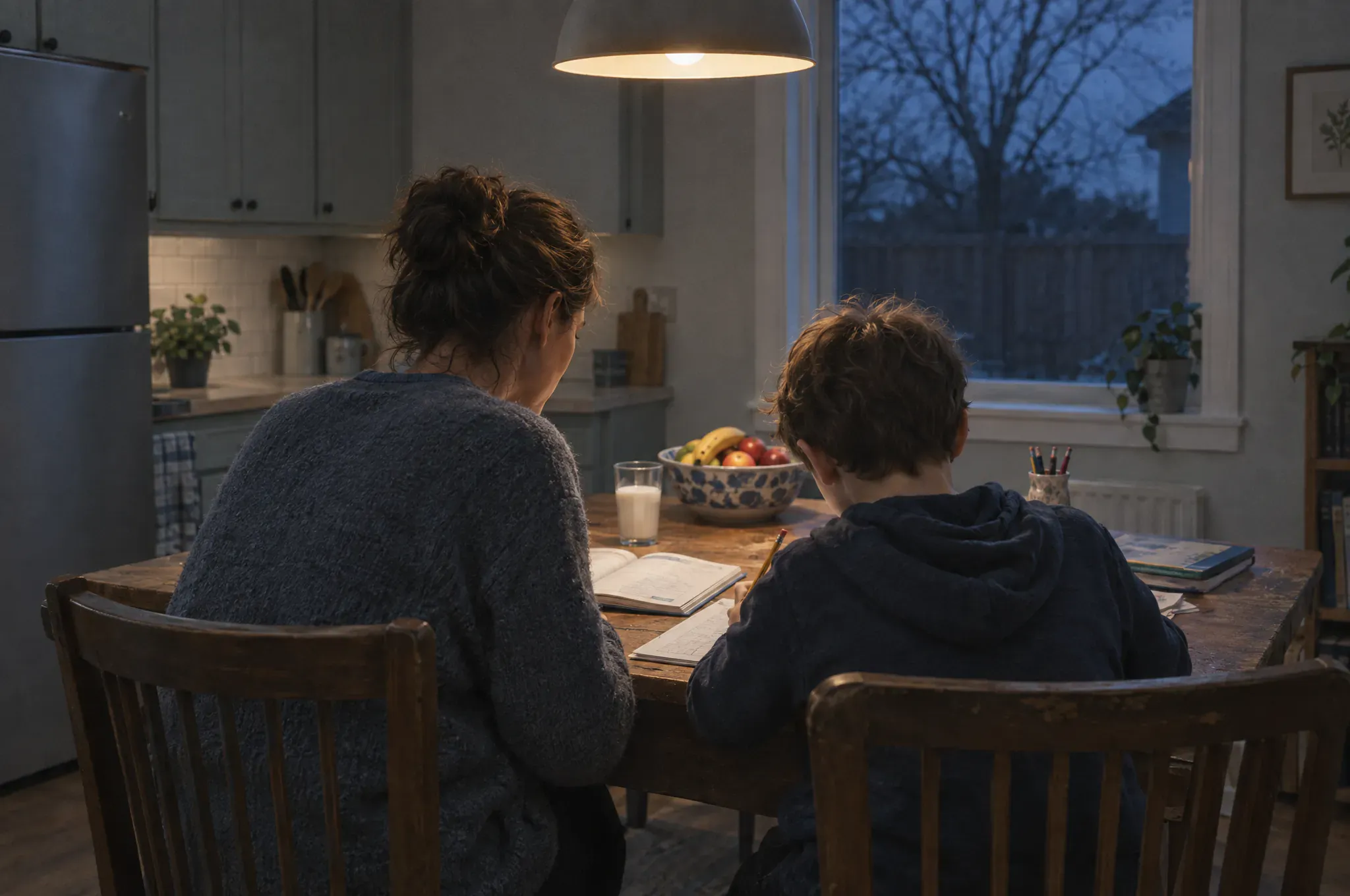 A parent and a child do homework together at a kitchen table under a warm lamp in the evening.