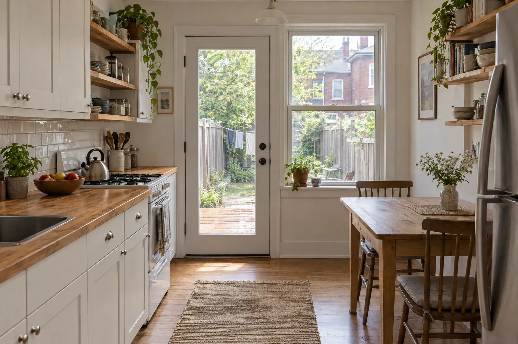 A white shaker kitchen with a butcher-block counter and a glass back door onto a narrow fenced yard.