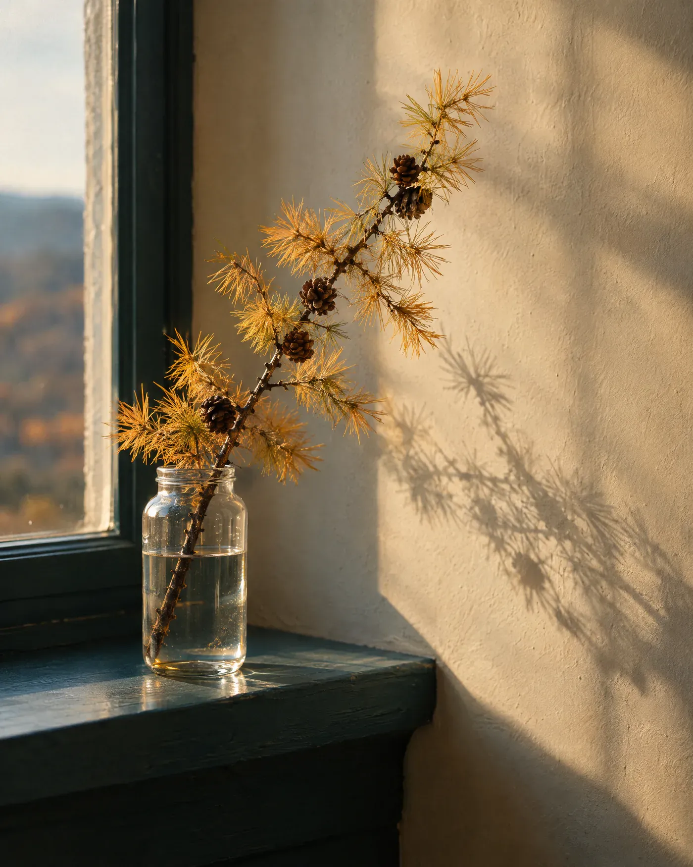A larch branch with golden needles in a glass jar on a windowsill, casting fine shadows on a plaster wall.