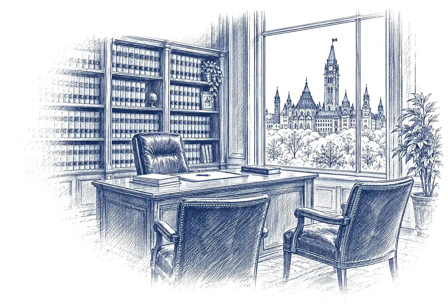 Ink drawing of a law office with a desk, leather chairs and a view of the Peace Tower