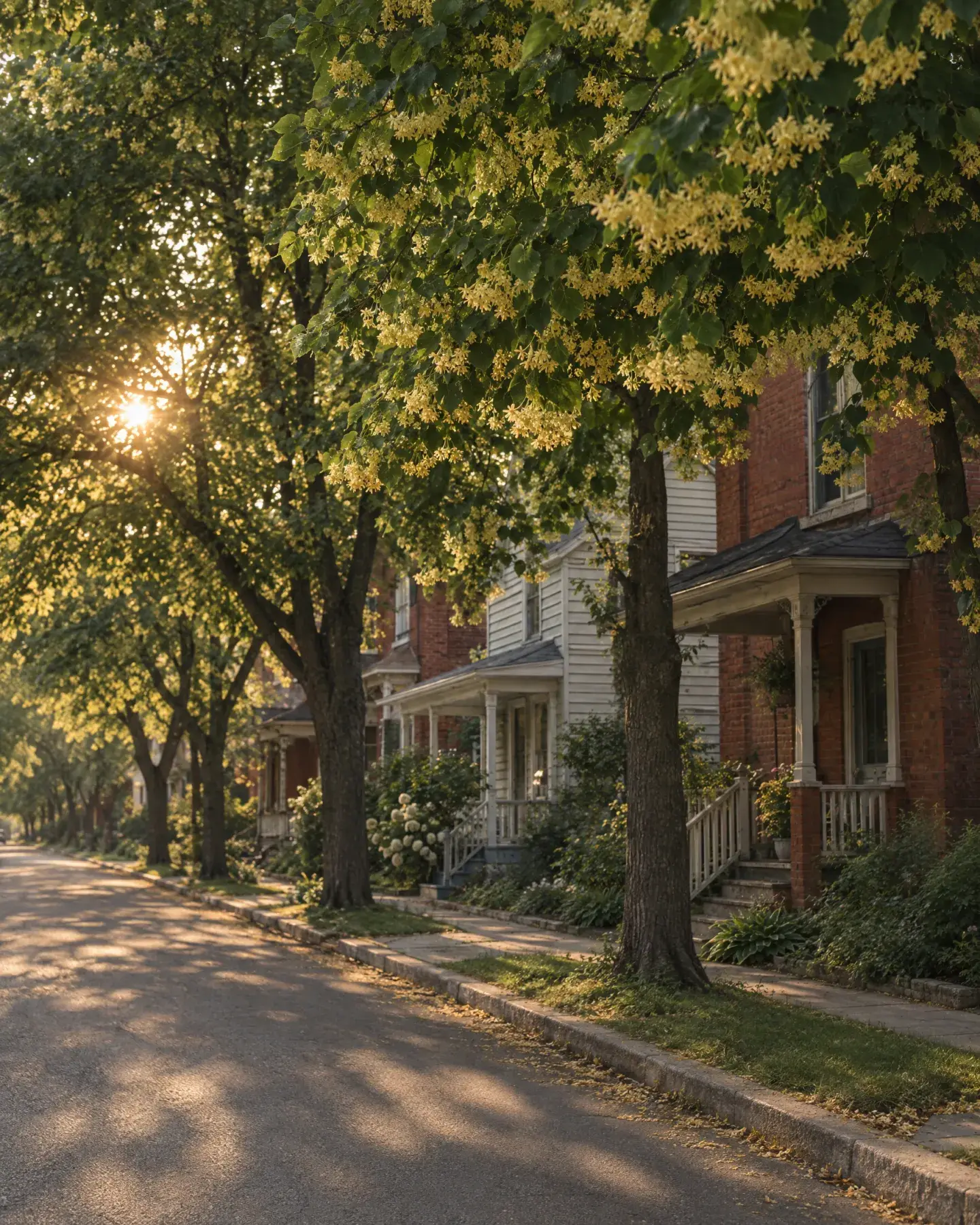 A quiet side street of brick and clapboard houses under tall linden trees in bloom, lit by low evening sun.